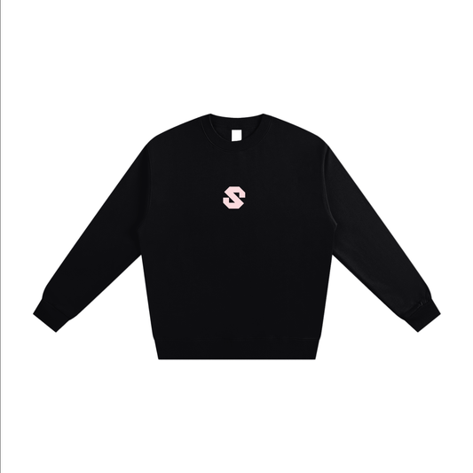 Black sweatshirt with a small logo on a white background