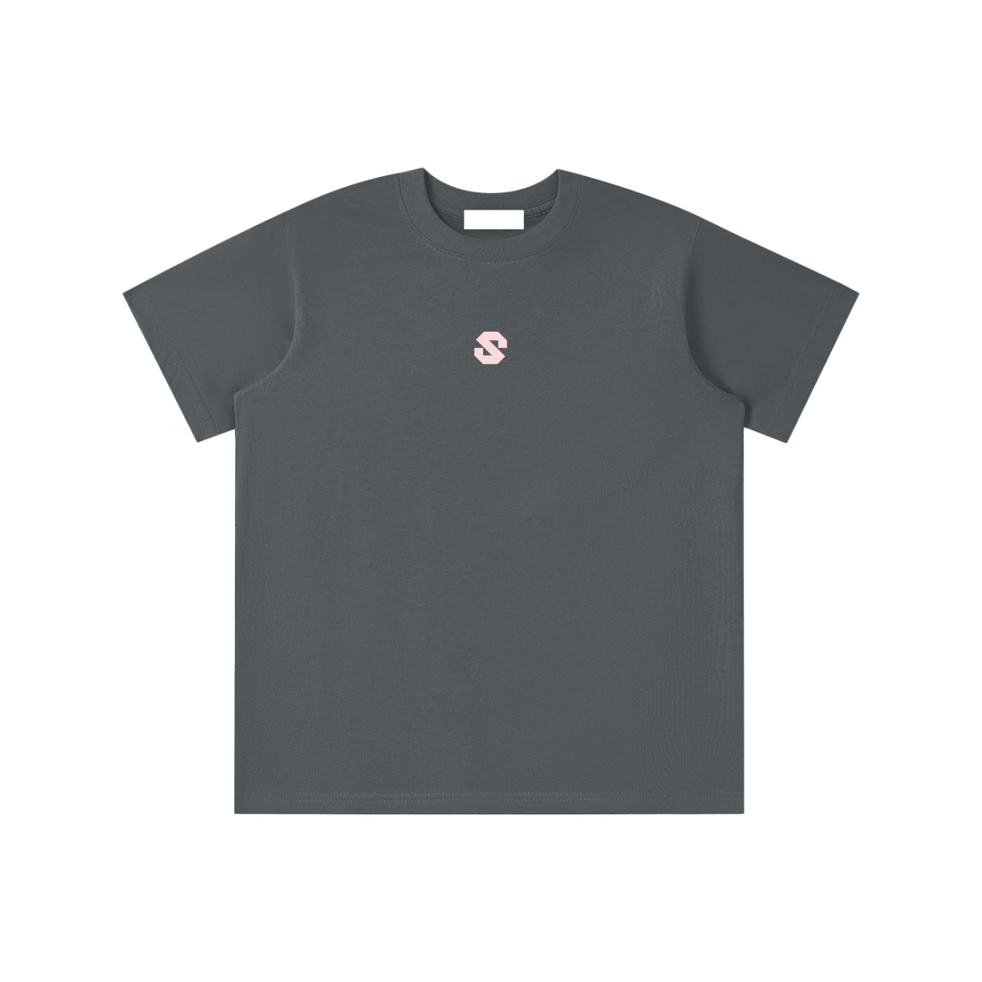 Gray t-shirt with a small pink logo on a white background