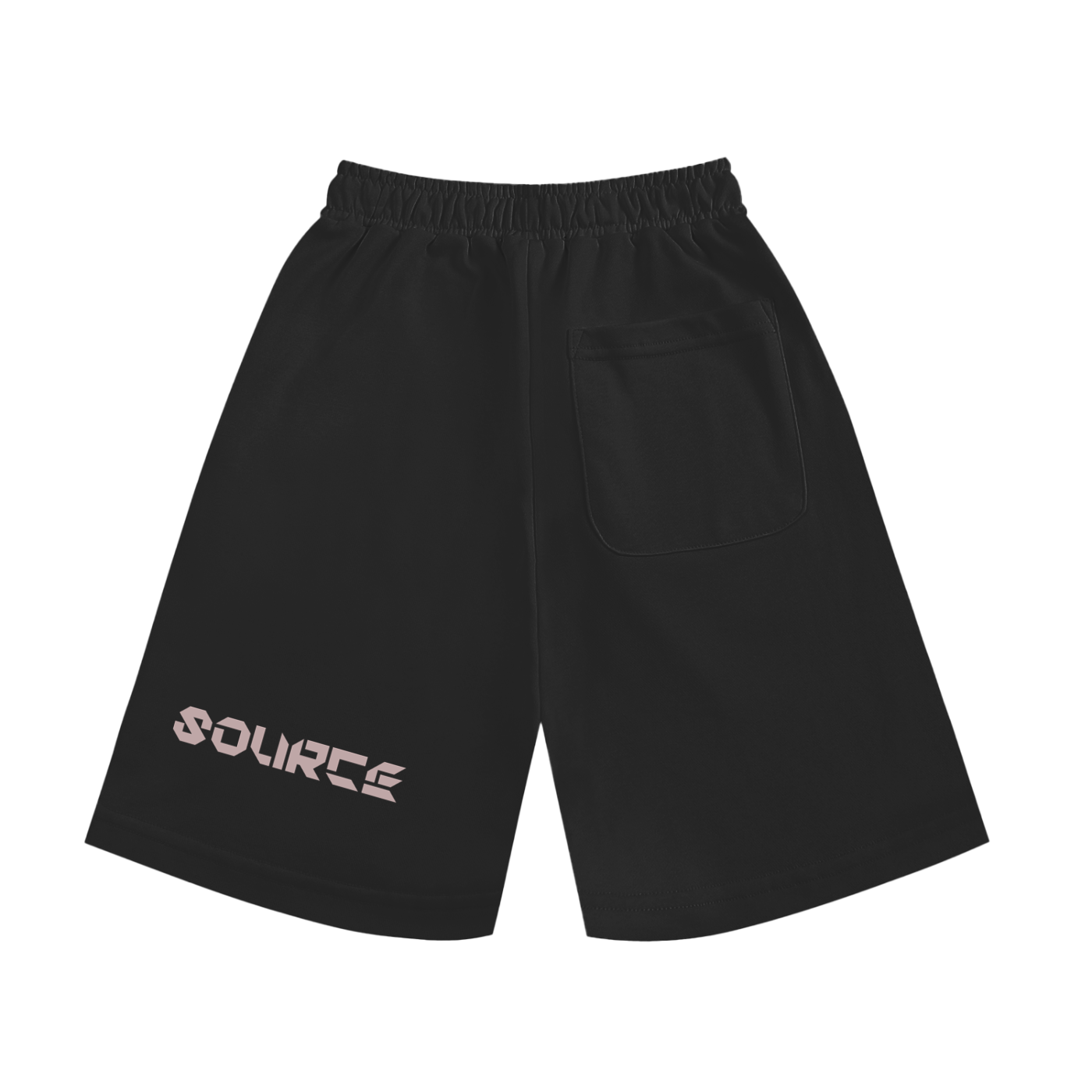 Black shorts with 'SOURCE' branding on a white background