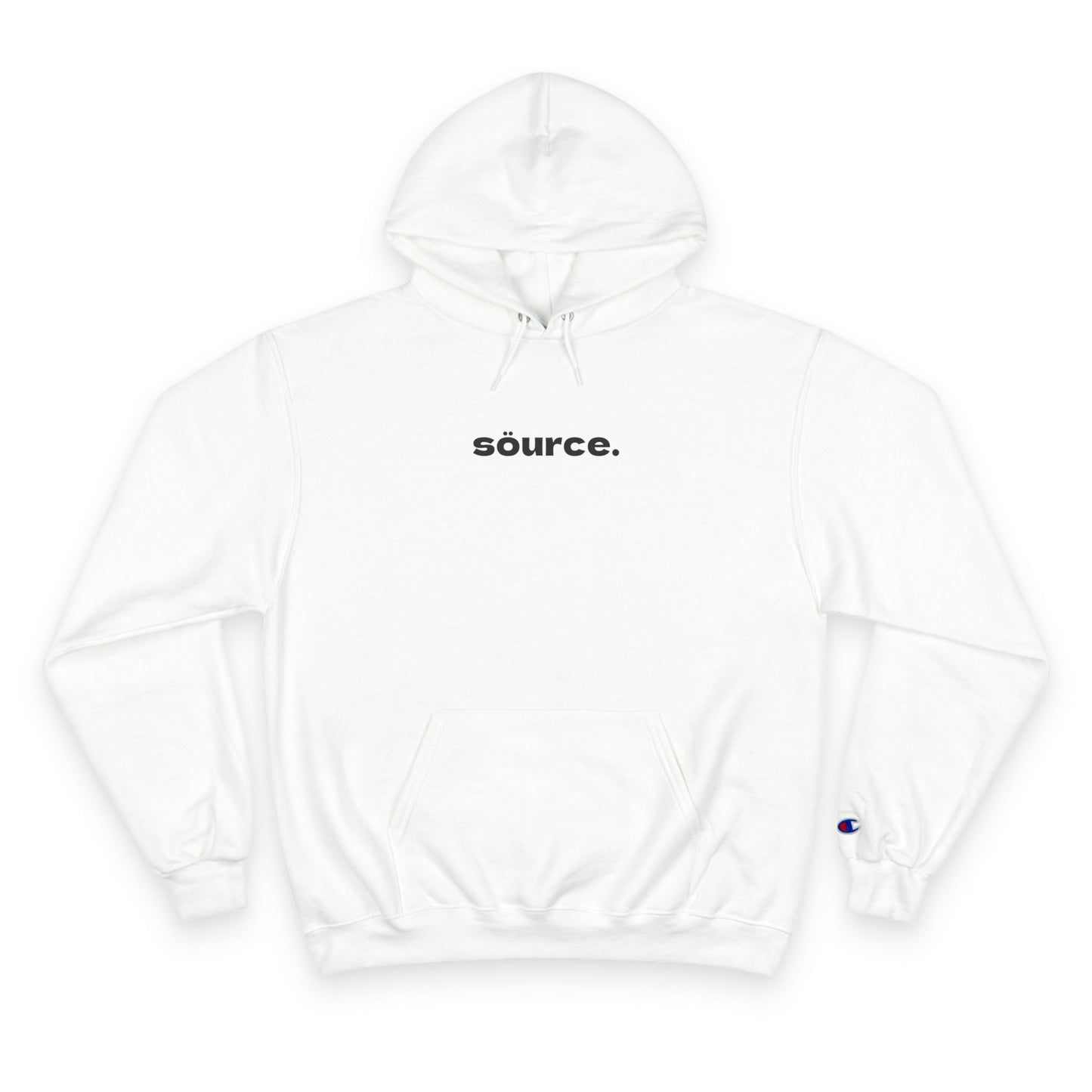 White hoodie with 'source.' text on a white background
