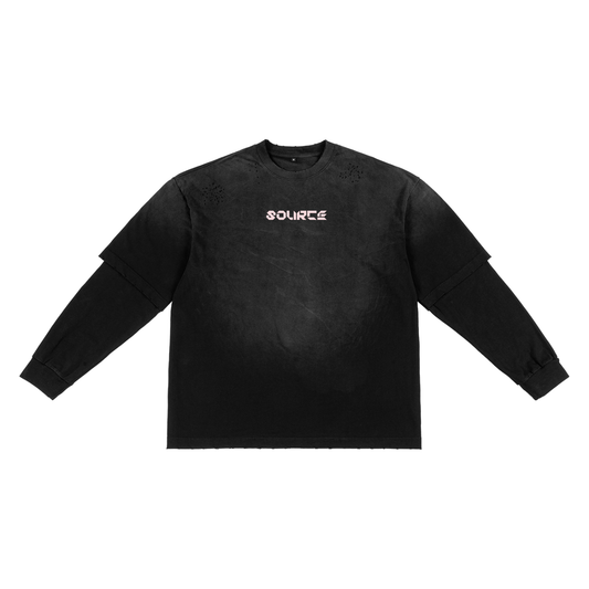 Black long-sleeve shirt with 'SOURCE' logo on a white background