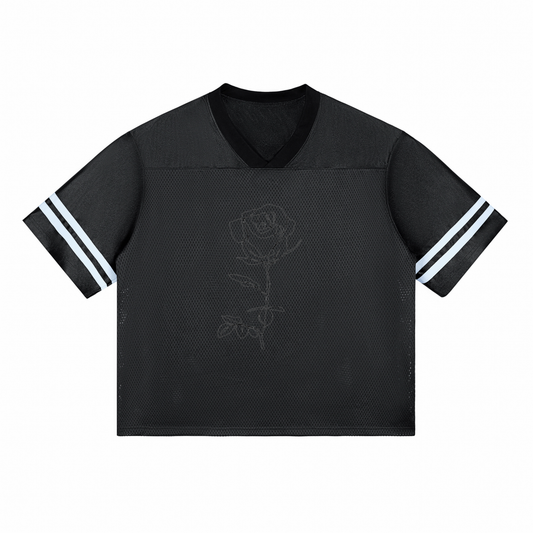 Black t-shirt with white stripes on sleeves and a rose design on a white background