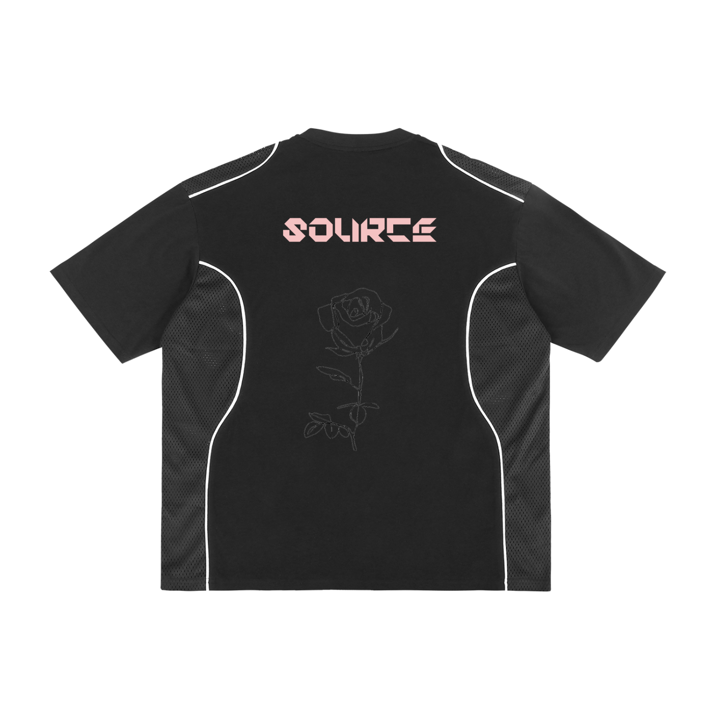 Black t-shirt with 'SOURCE' logo on the back against a white background