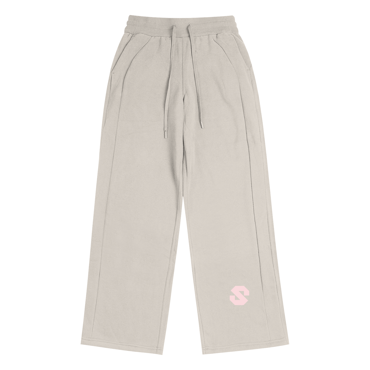 Beige pants with a pink logo on a white background