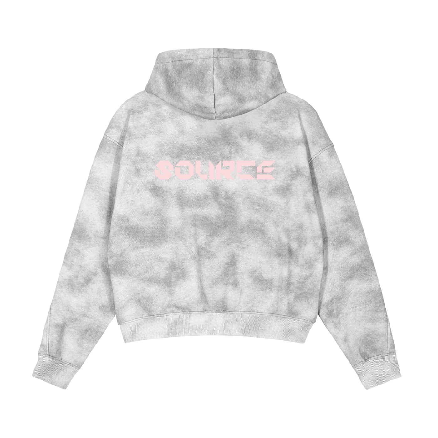 Gray tie-dye hoodie with 'SOURCE' logo on the back against a white background