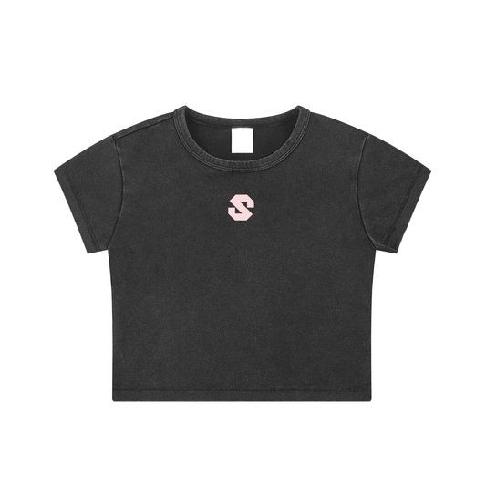 Black t-shirt with a small logo on a white background