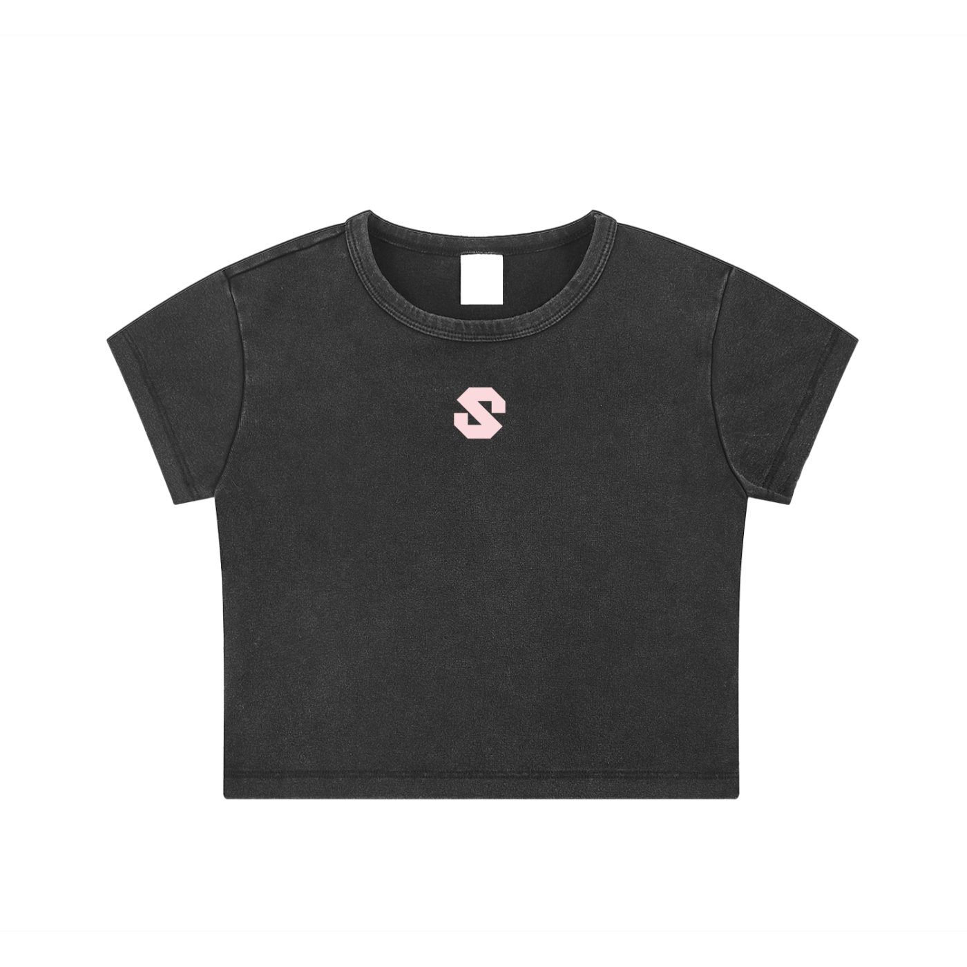 Black t-shirt with a small logo on a white background