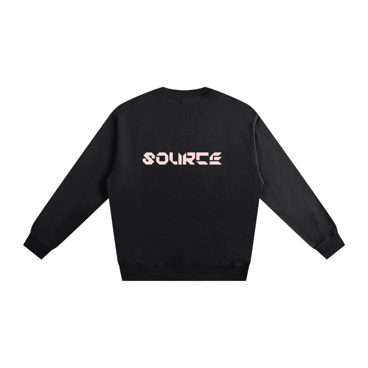 Black sweatshirt with 'SOURCE' logo on the back against a white background