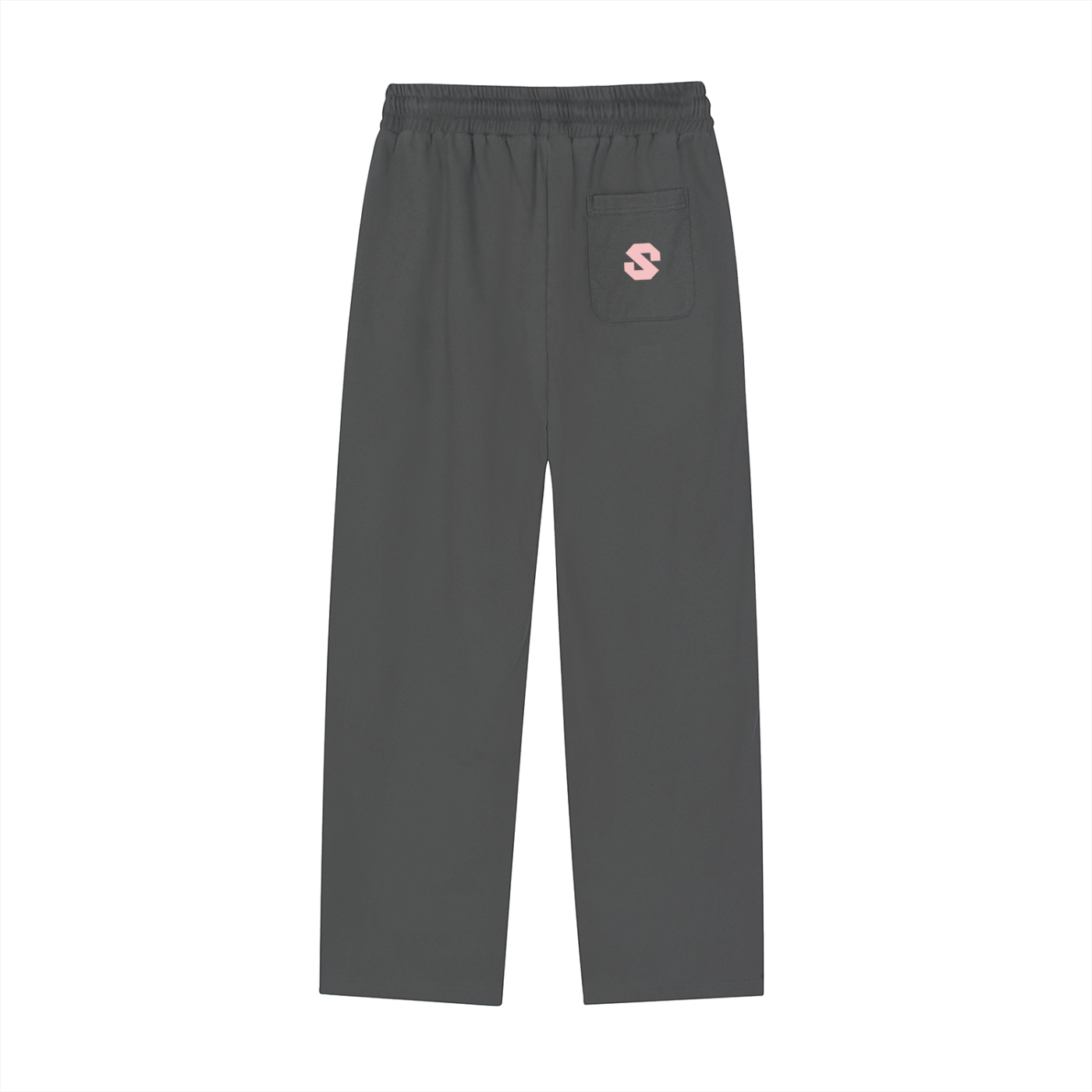 Gray sweatpants with a small logo on the pocket against a white background
