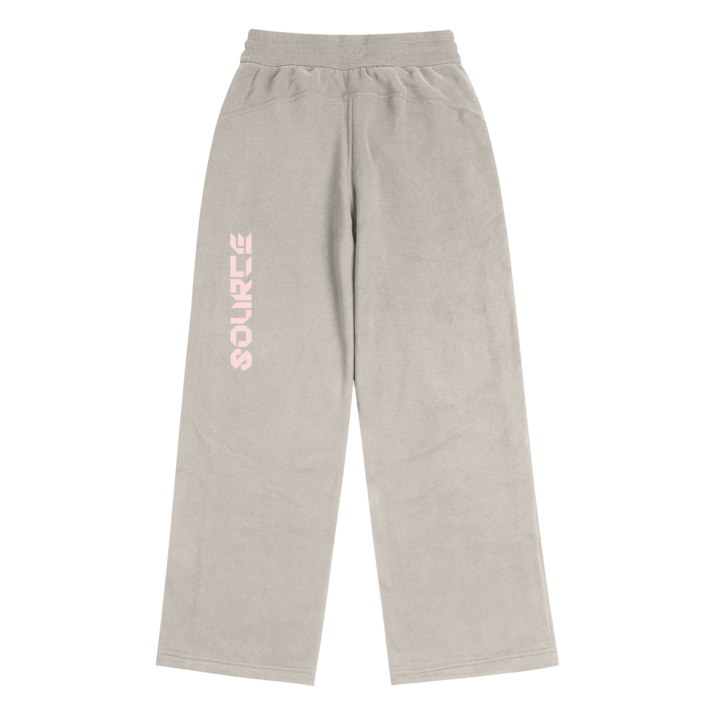 Gray sweatpants with pink logo on a white background