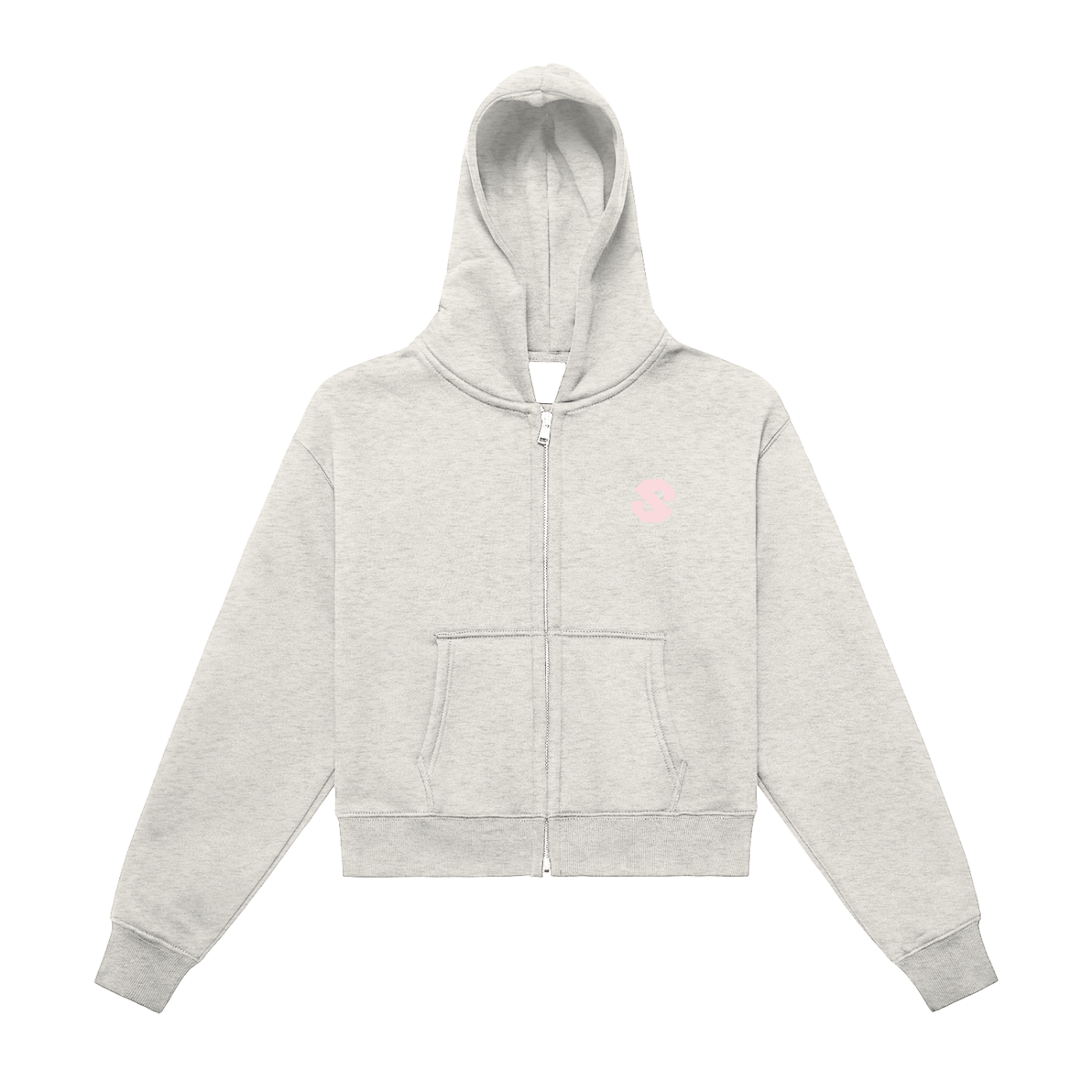 Gray hoodie with a small pink logo on a white background