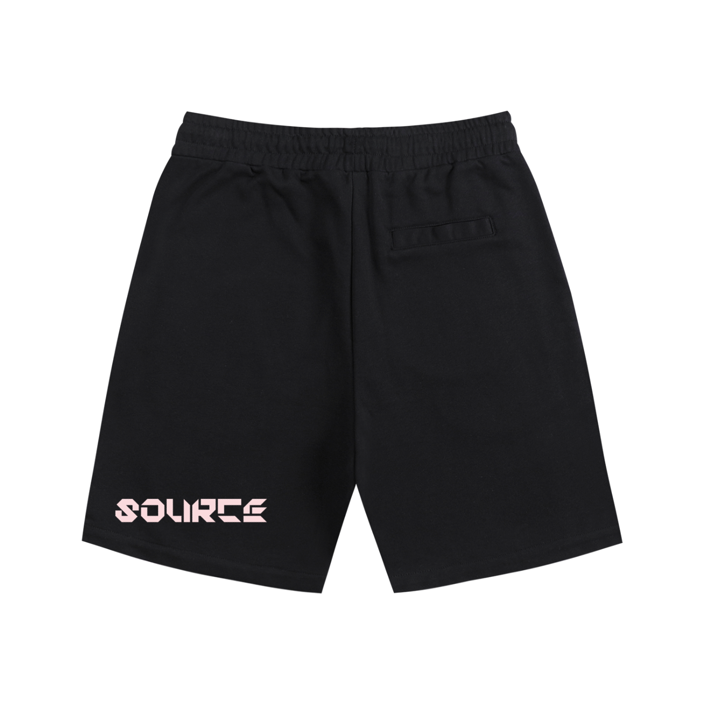 Black shorts with a brand logo on a white background