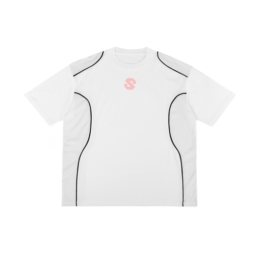 White t-shirt with black outlines and a pink logo on a white background