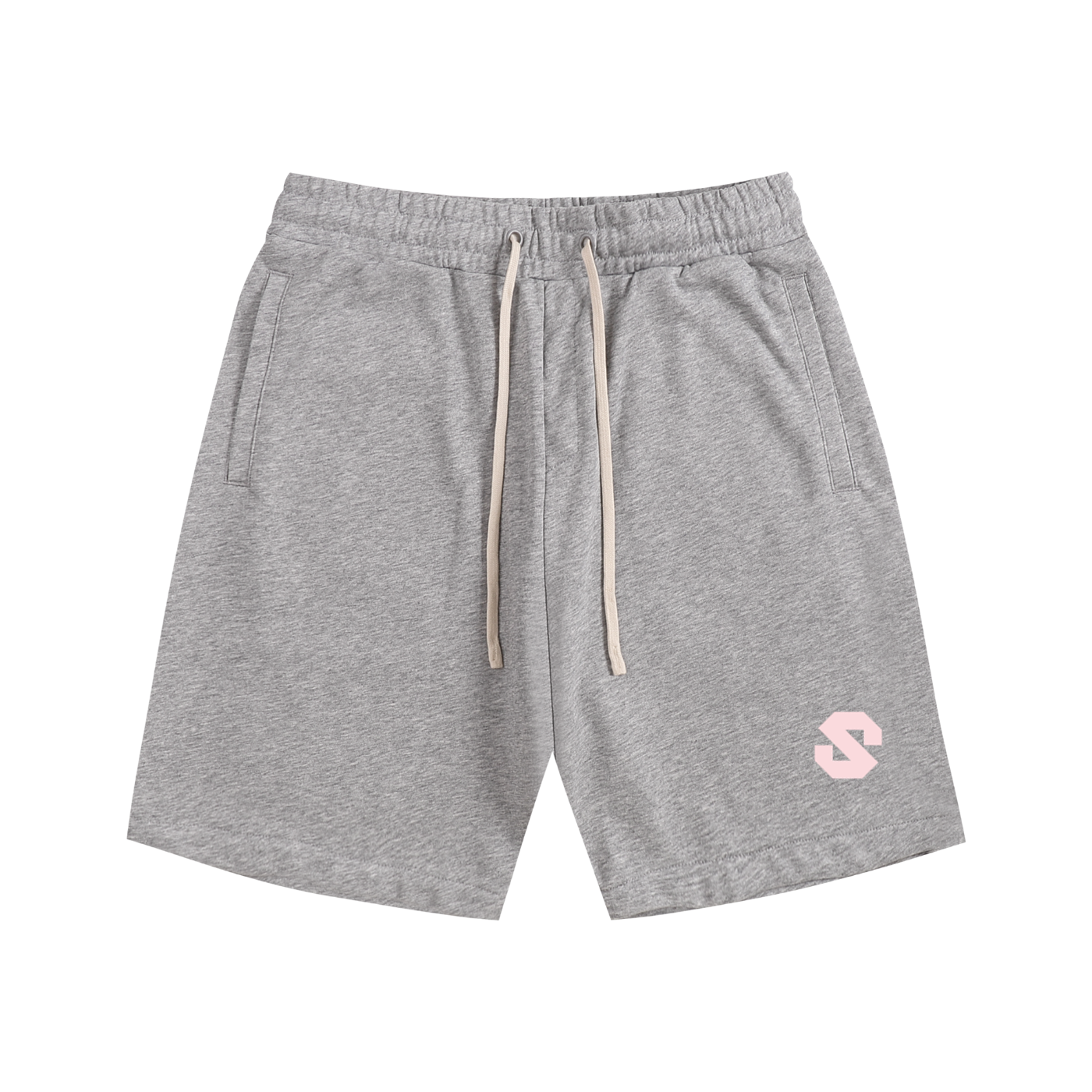 Gray shorts with a pink logo on a white background