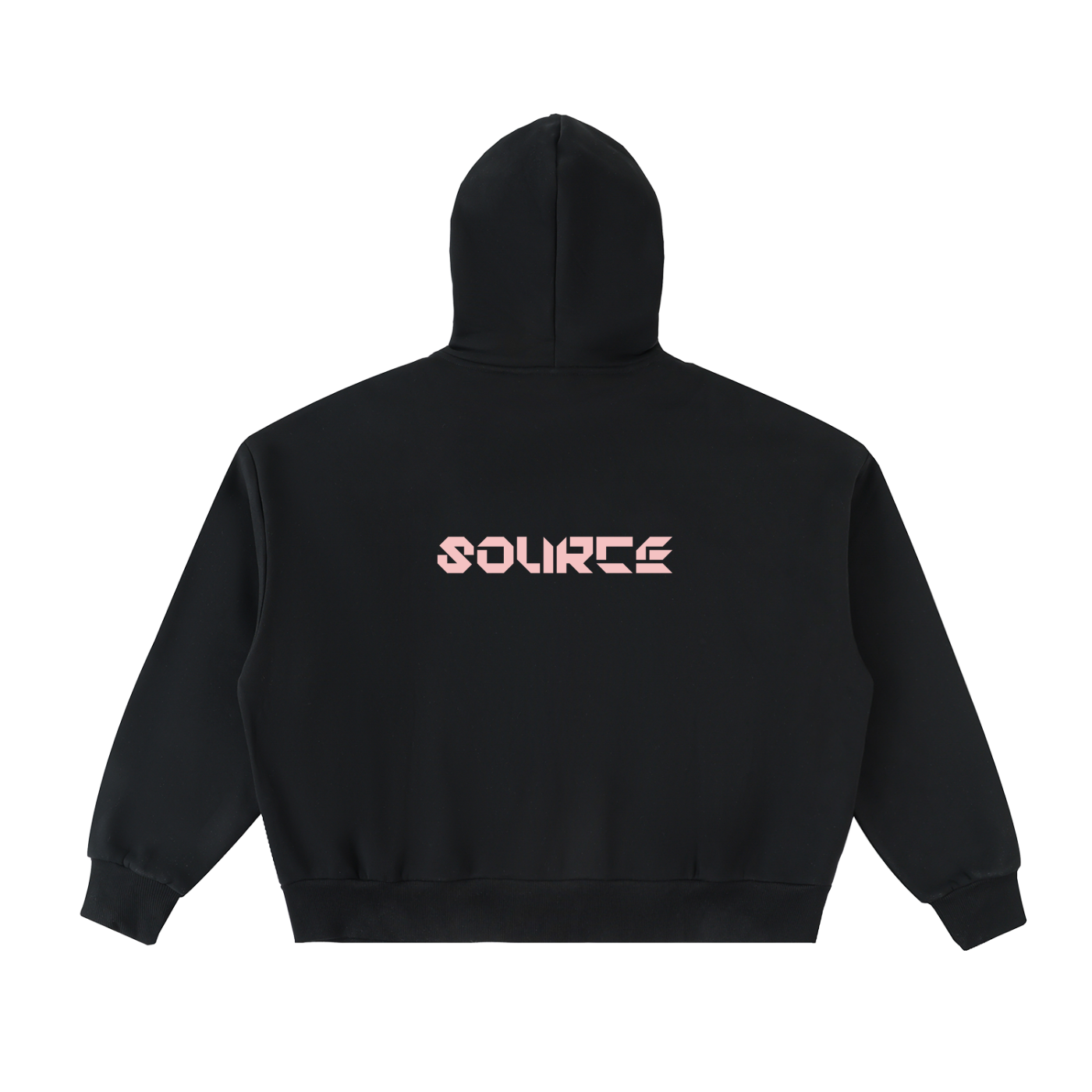 Black hoodie with 'SOURCE' logo on the back against a white background