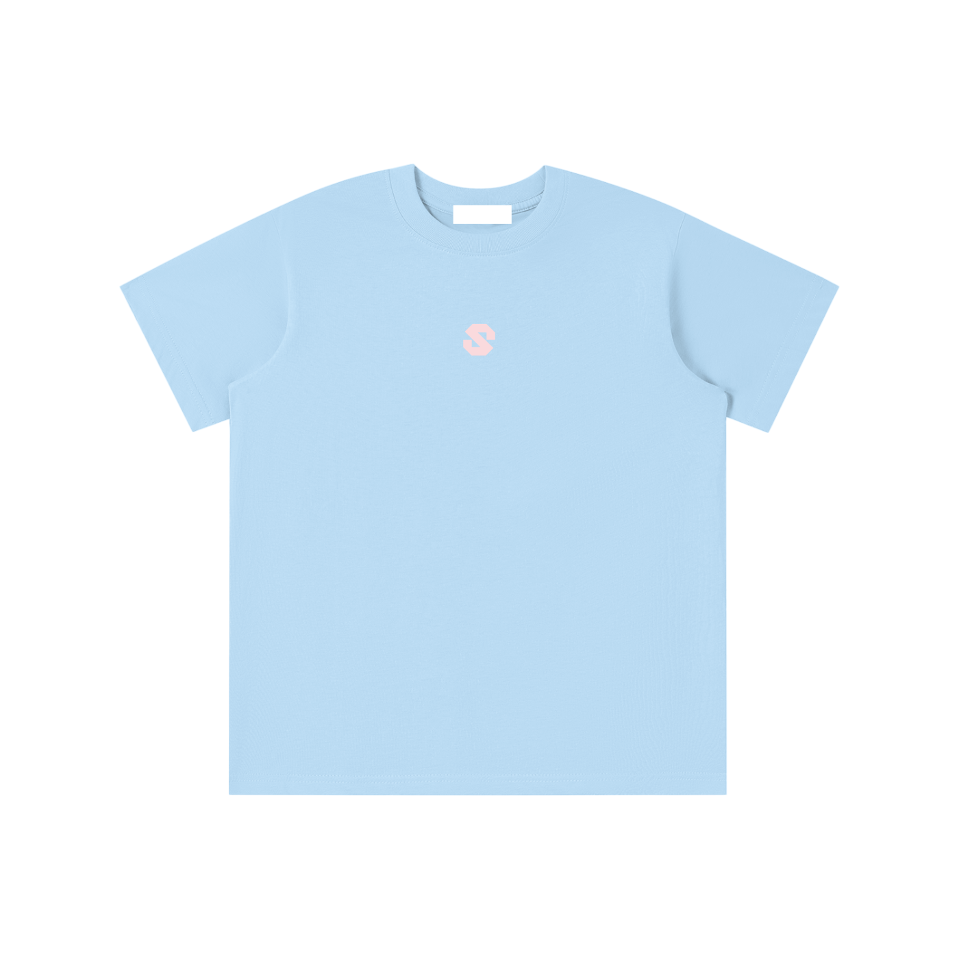 Light blue t-shirt with a small logo on a white background
