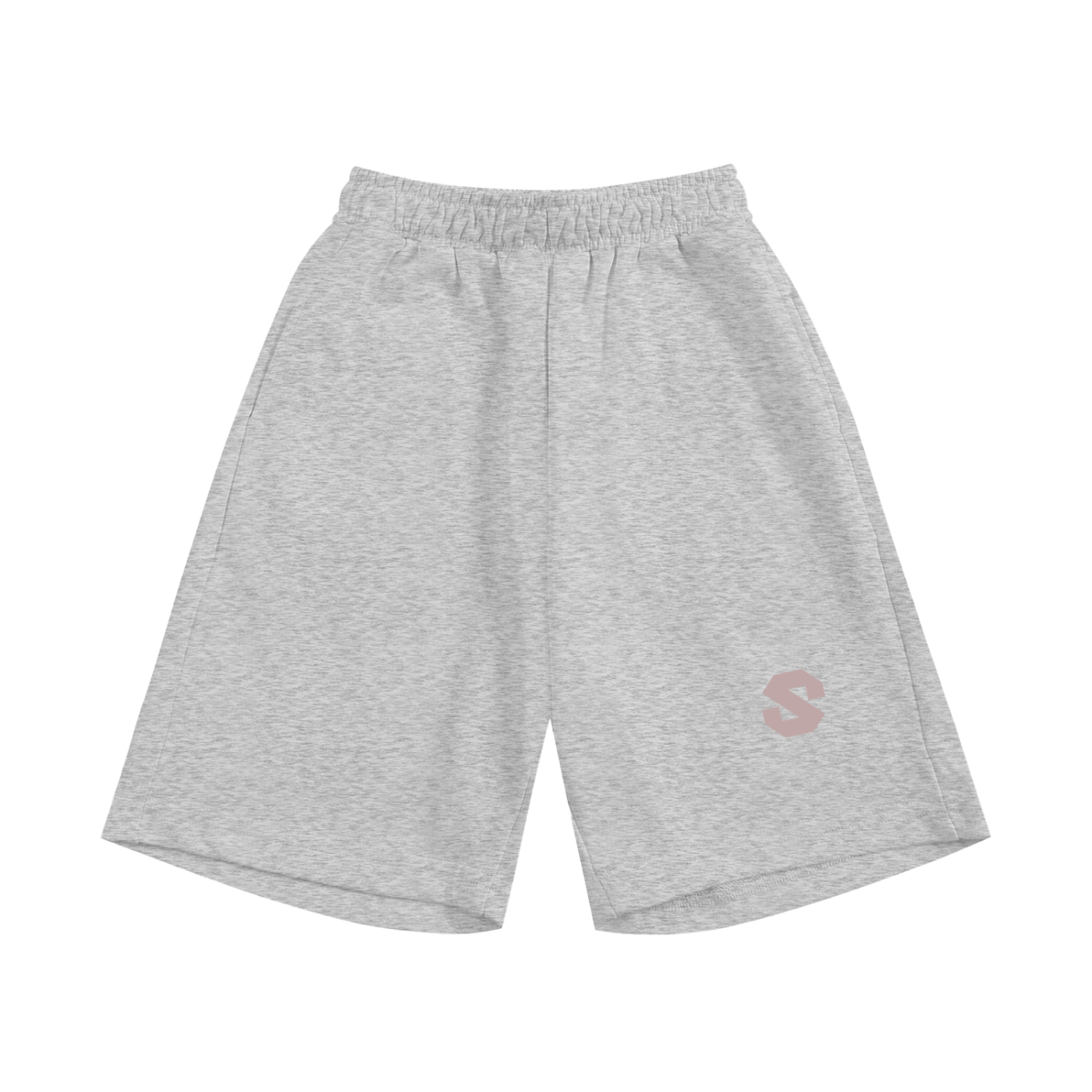 Gray shorts with a small logo on a white background