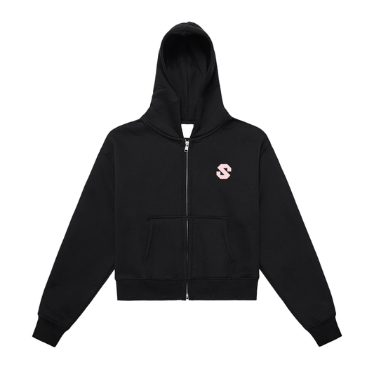 Black hoodie with a small logo on the chest against a white background