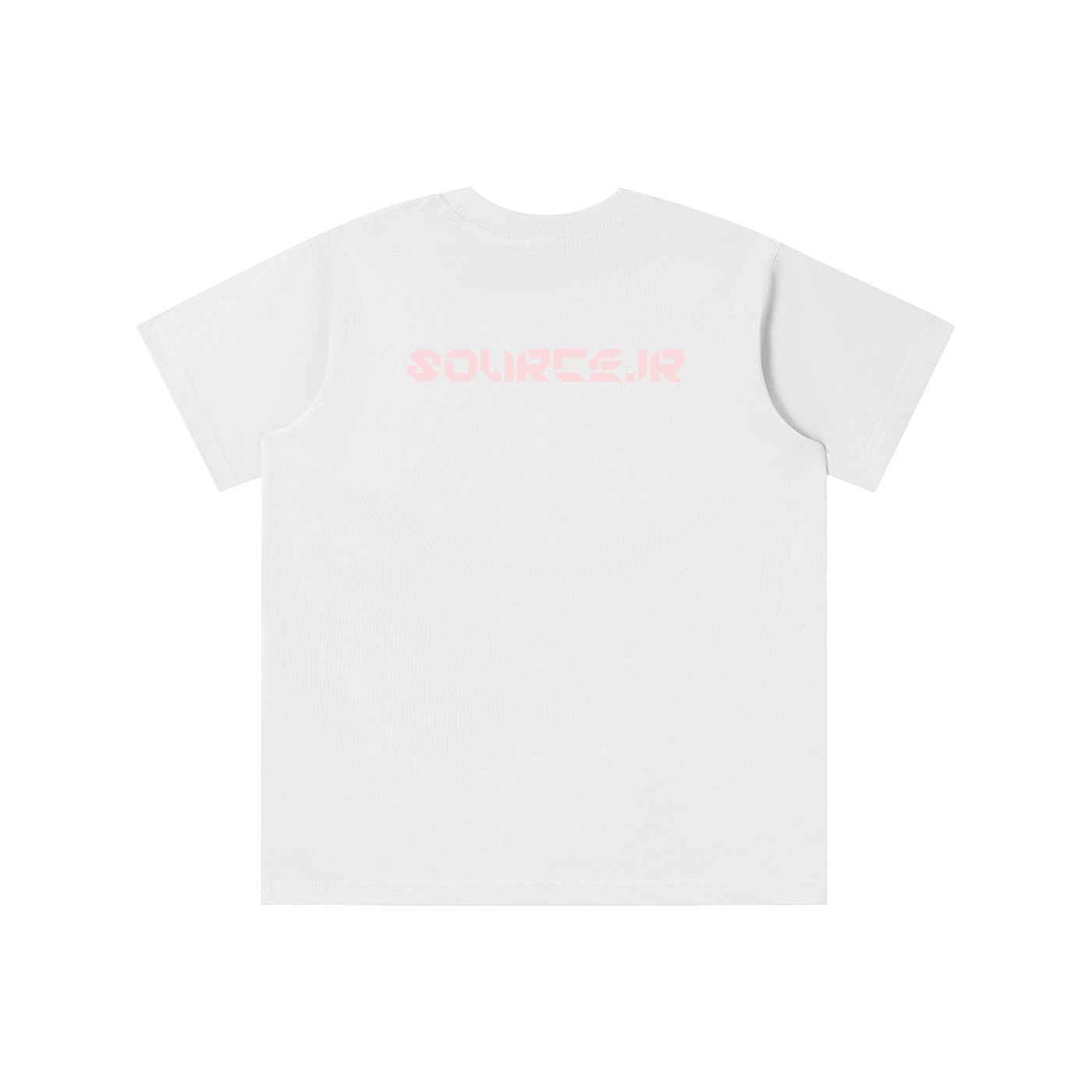 White t-shirt with 'SOURCEJR' logo on a white background