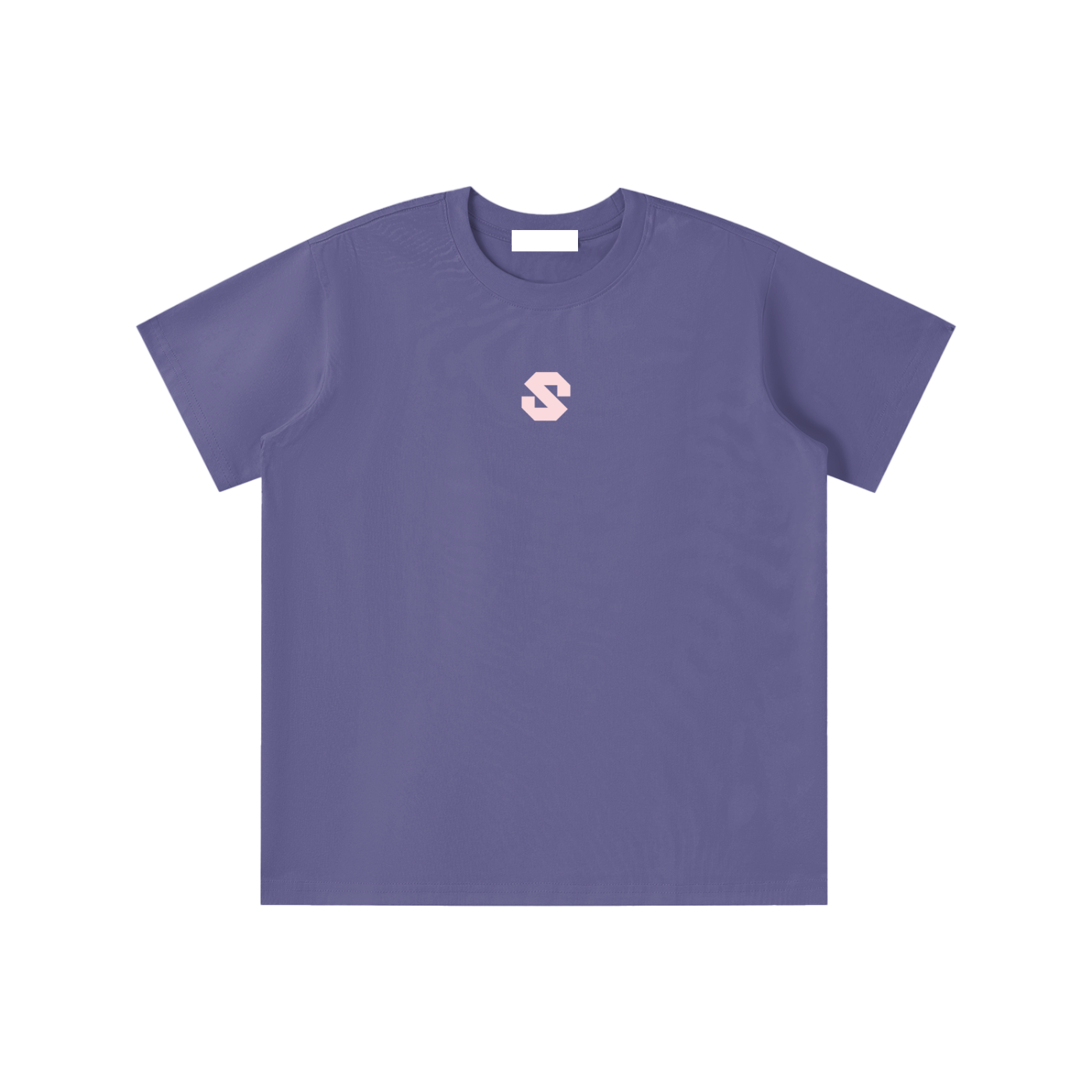 Purple t-shirt with a small logo on a white background