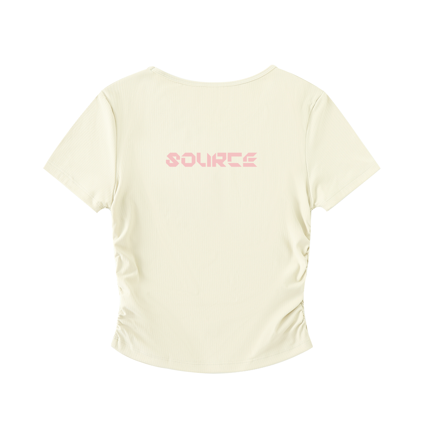 Beige t-shirt with 'SOURCE' printed on the back against a white background