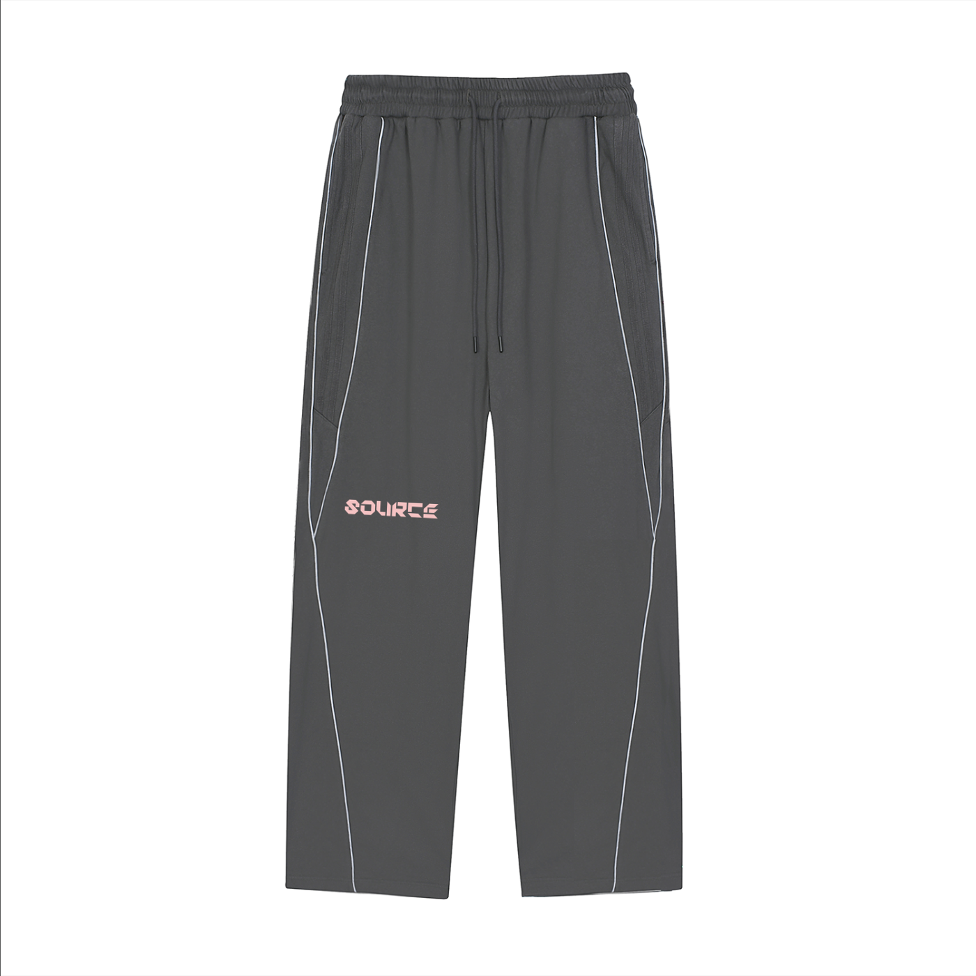 Gray pants with white accents and 'SOURCES' branding on a white background