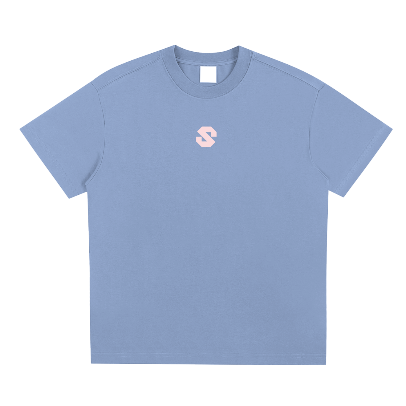 Light blue t-shirt with a pink logo on a white background