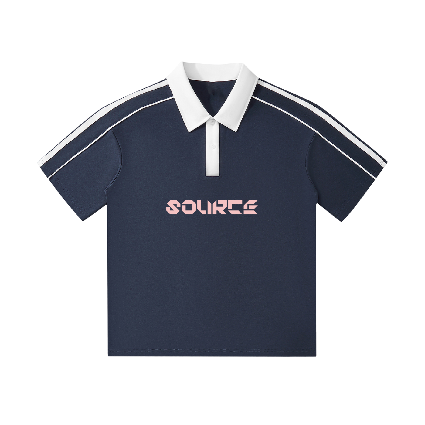 Navy blue polo shirt with white collar and stripes on sleeves, featuring 'SOURCE' logo.