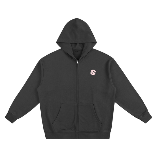 Black hoodie with a small logo on the chest against a white background