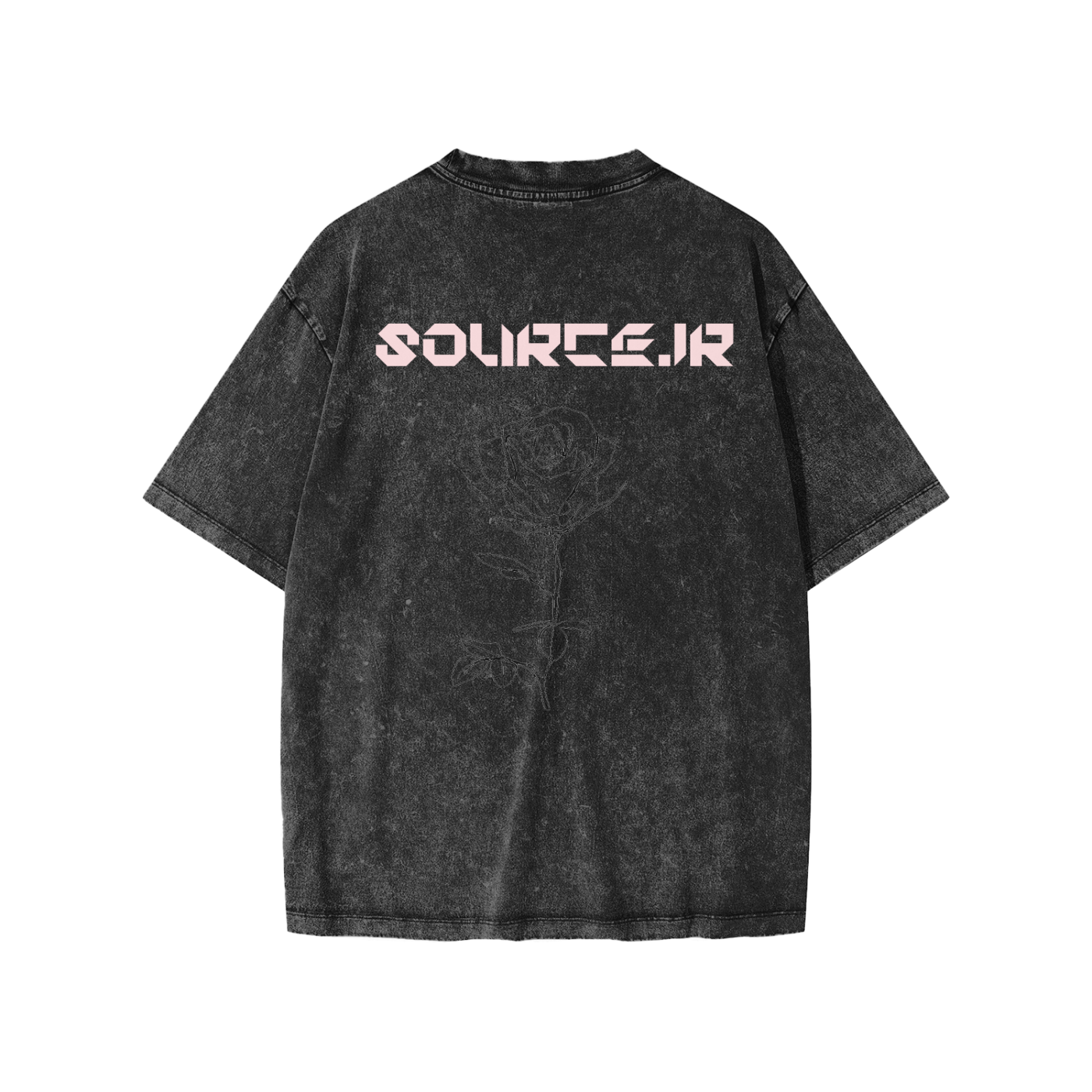 Black t-shirt with 'SOURCE.JR' logo on the back against a white background