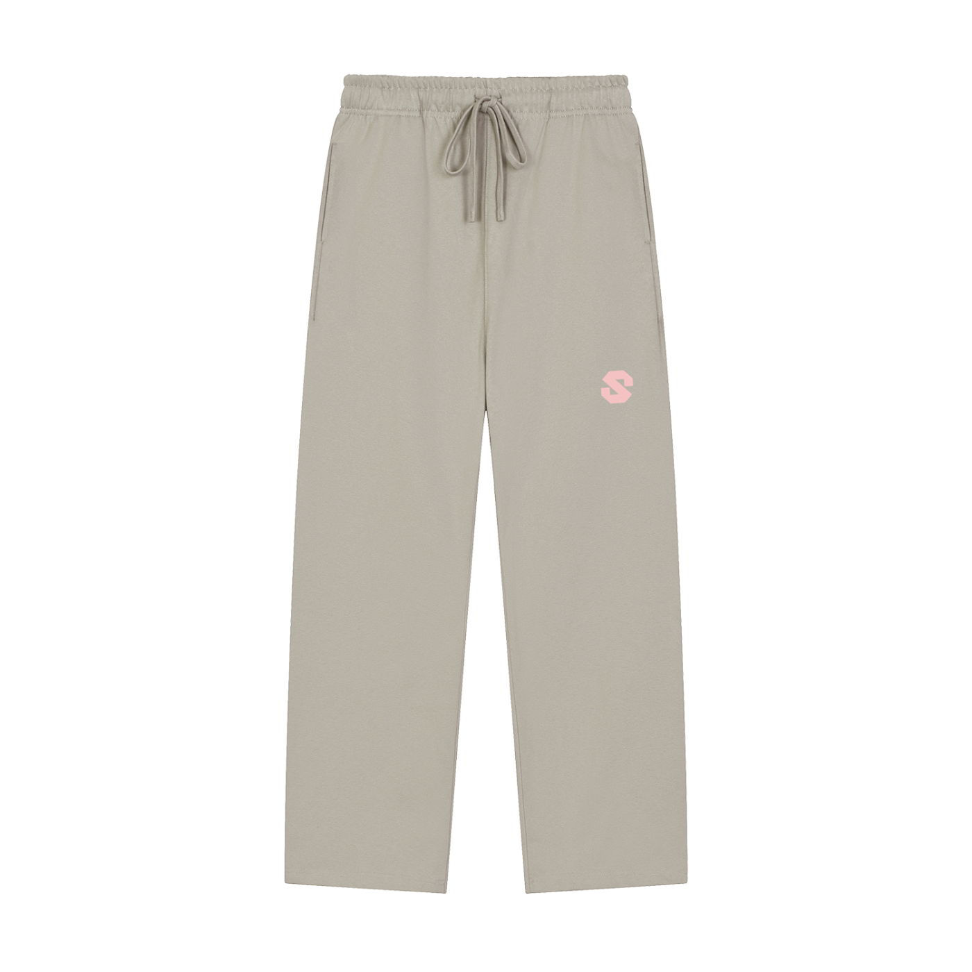 Beige sweatpants with a small logo on a white background
