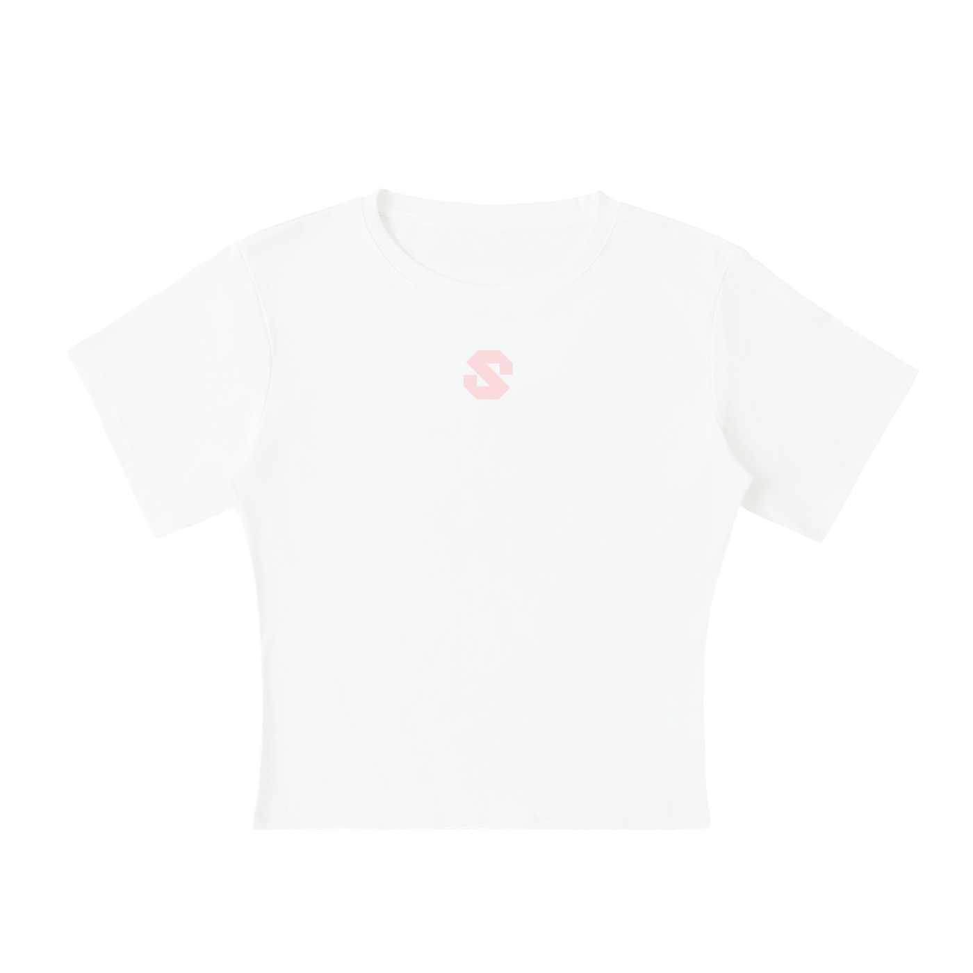 White t-shirt with a small red logo on a white background