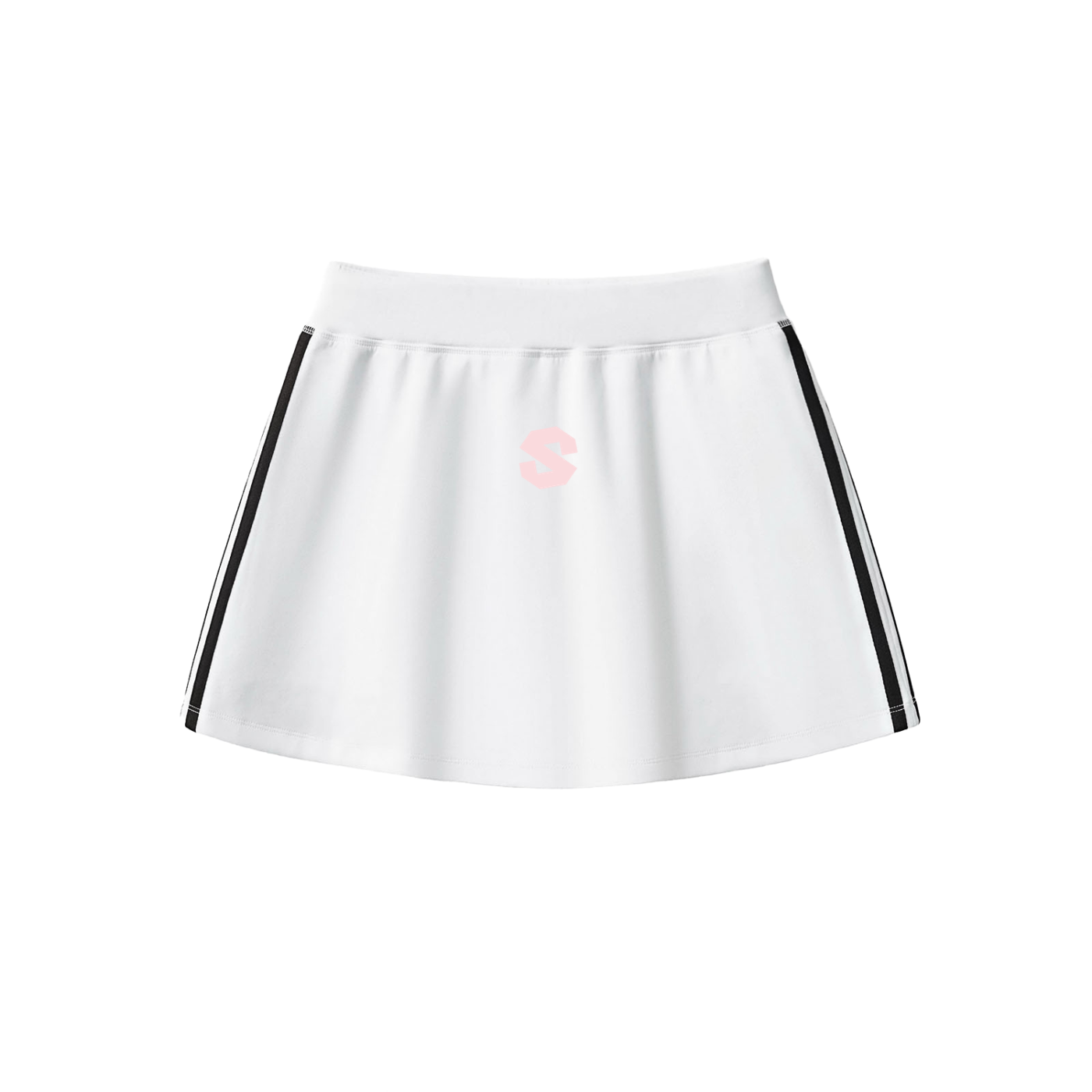 White tennis skirt with black stripes on a white background