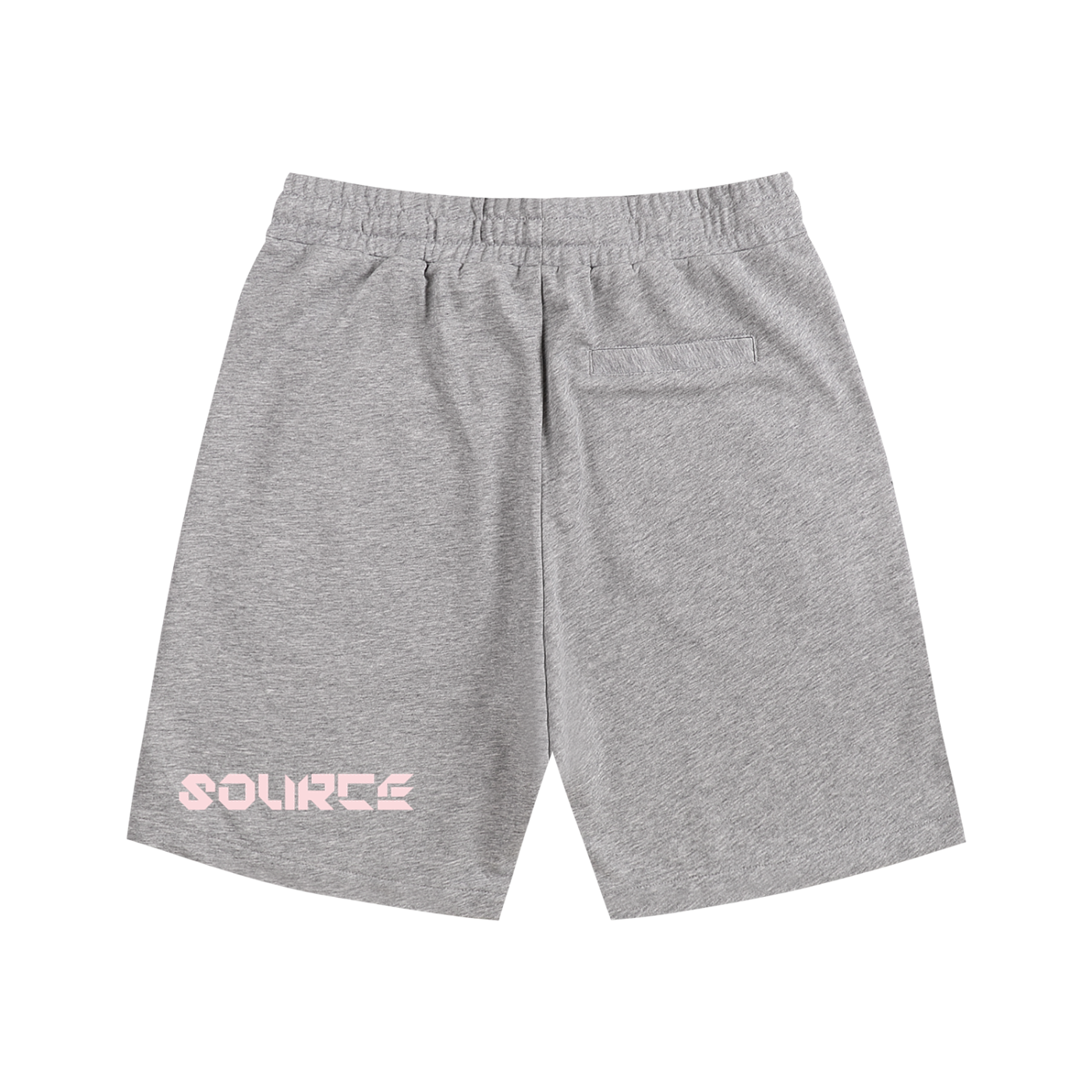 Gray shorts with a pink logo on a white background