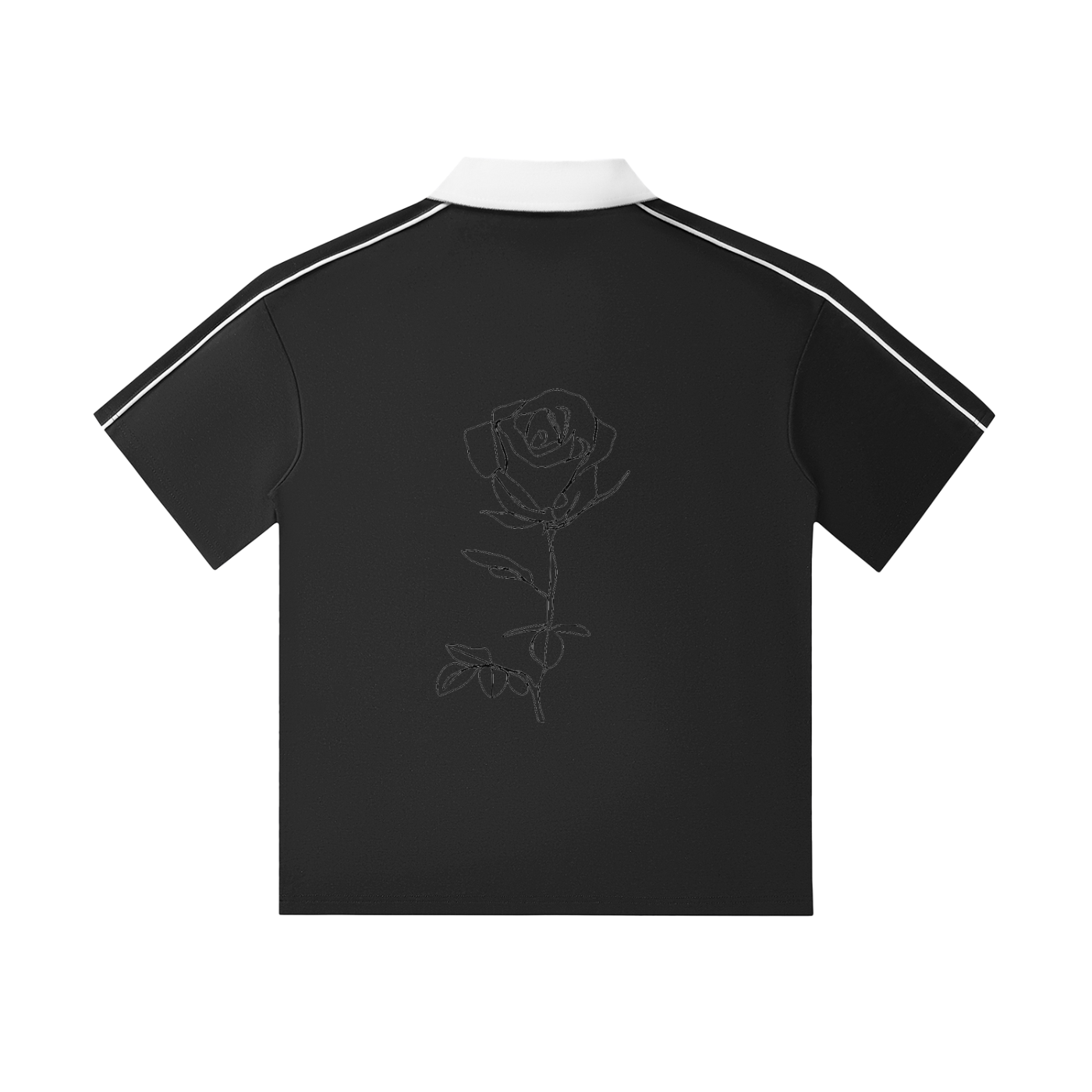 Black polo shirt with a rose design on the back against a white background