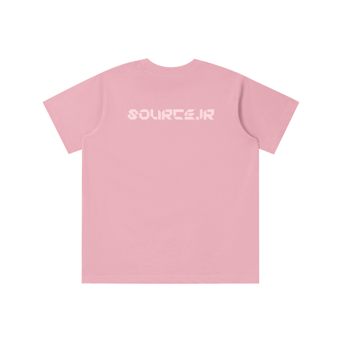 Pink t-shirt with 'SOURICE.JR' text on a white background