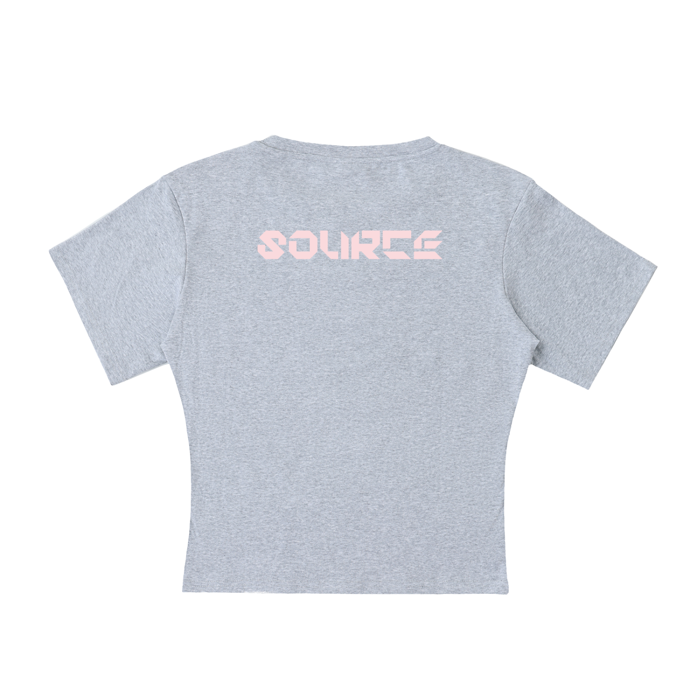 Gray t-shirt with 'SOURCE' printed on the back against a white background