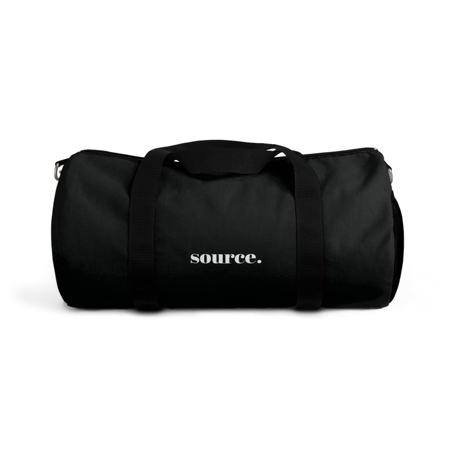 Black duffel bag with 'source.' text on a white background