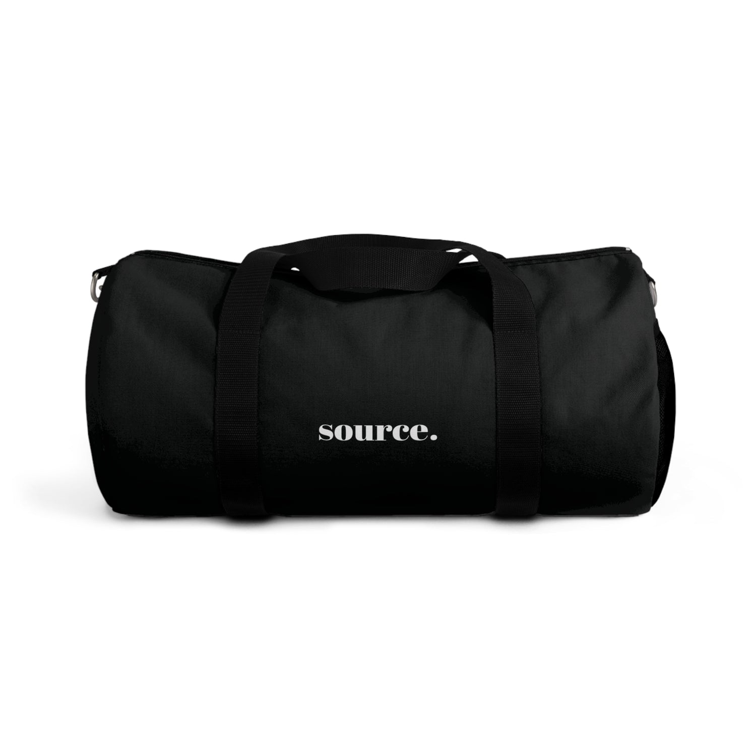 Black duffel bag with 'source.' text on a white background