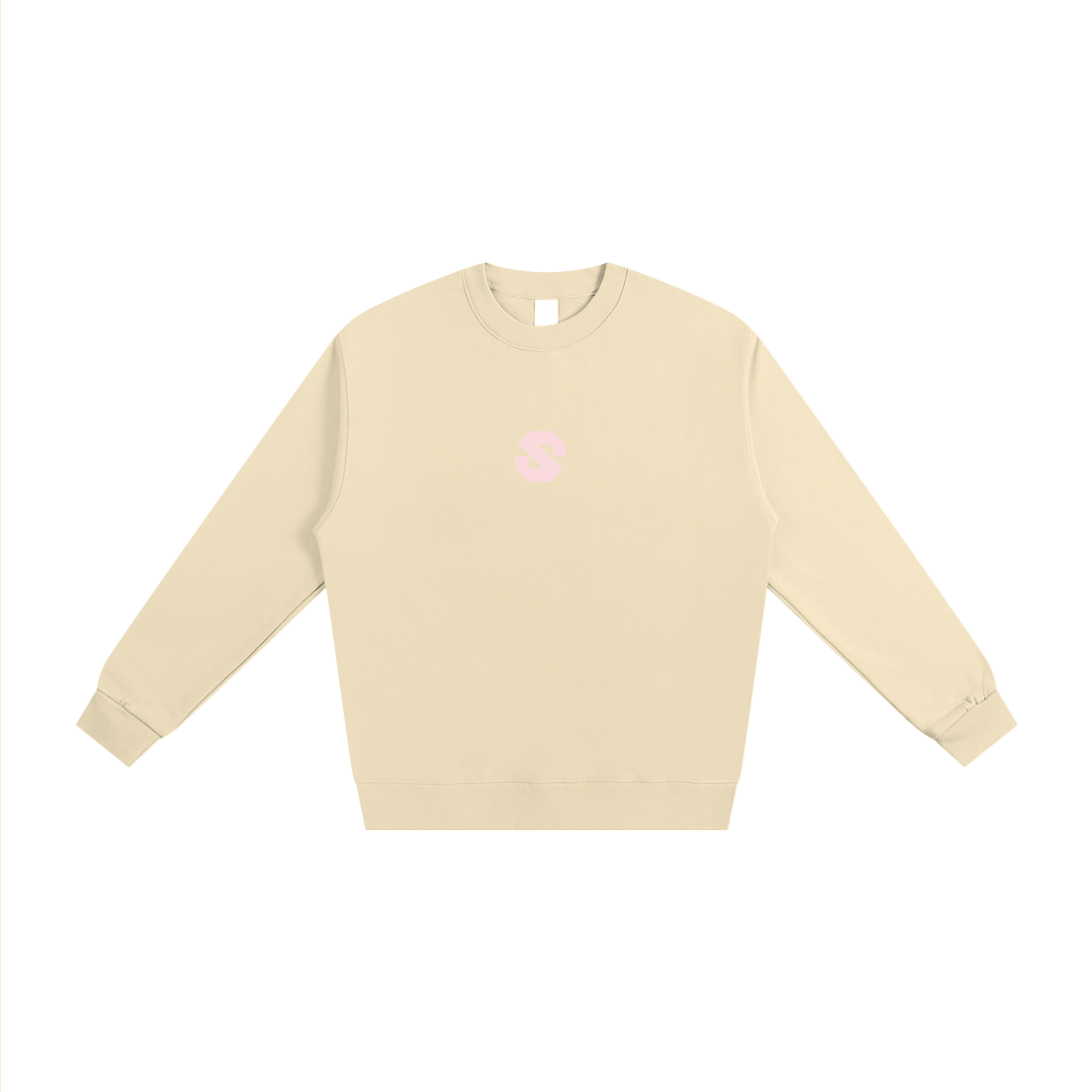 Beige sweatshirt with a pink logo on a white background