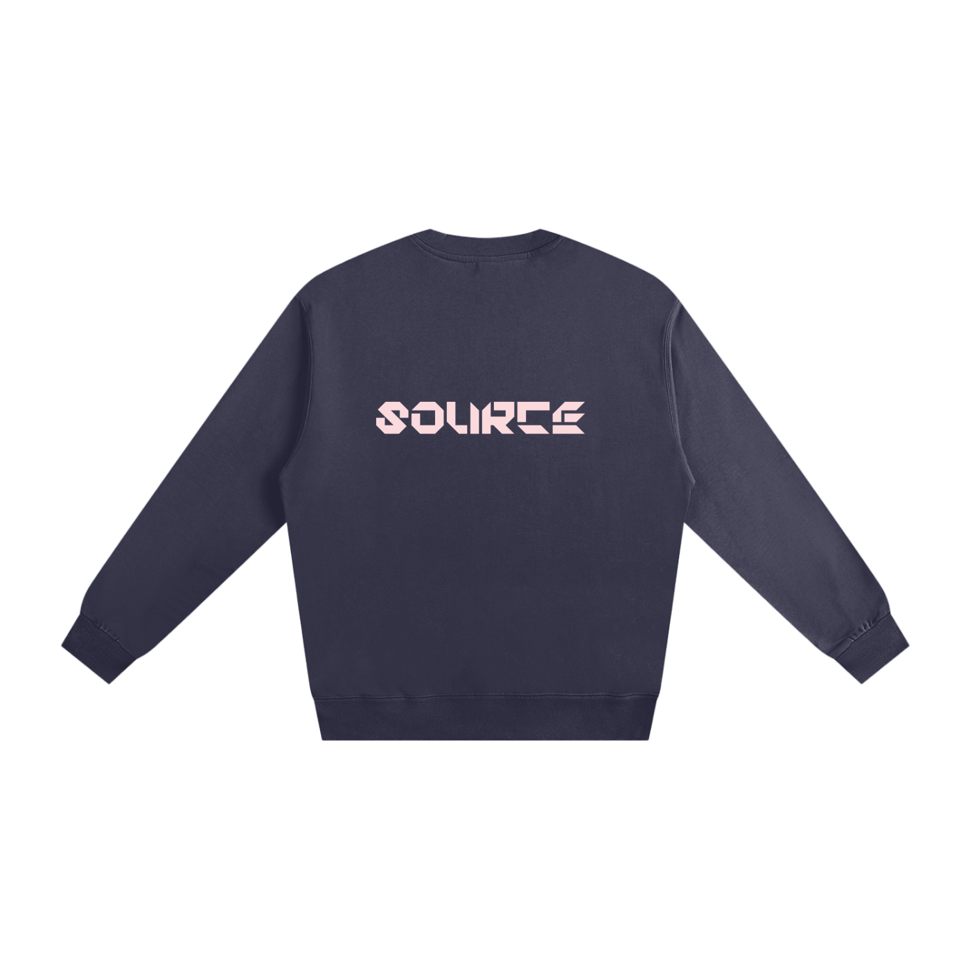 Navy blue sweatshirt with 'SOURCE' logo on the back against a white background