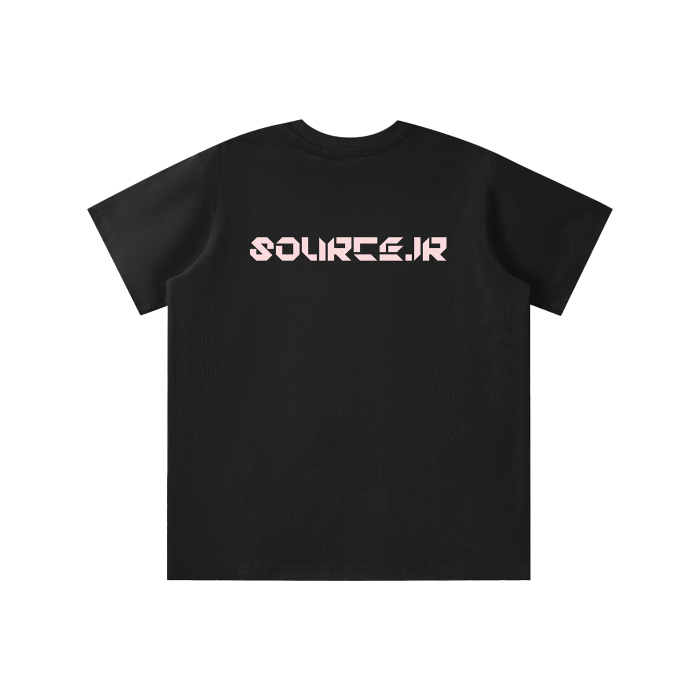 Black t-shirt with 'SOURCE.JR' printed on the back against a white background