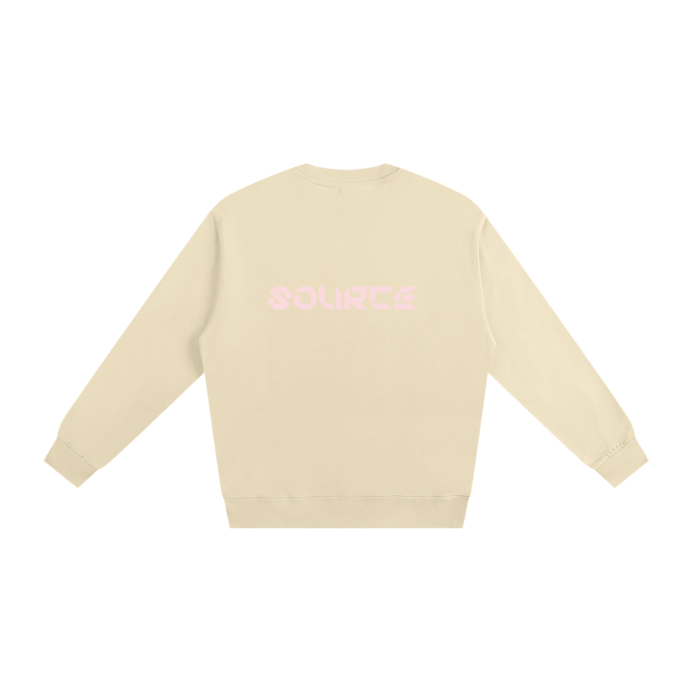 Beige sweatshirt with pink text on a white background