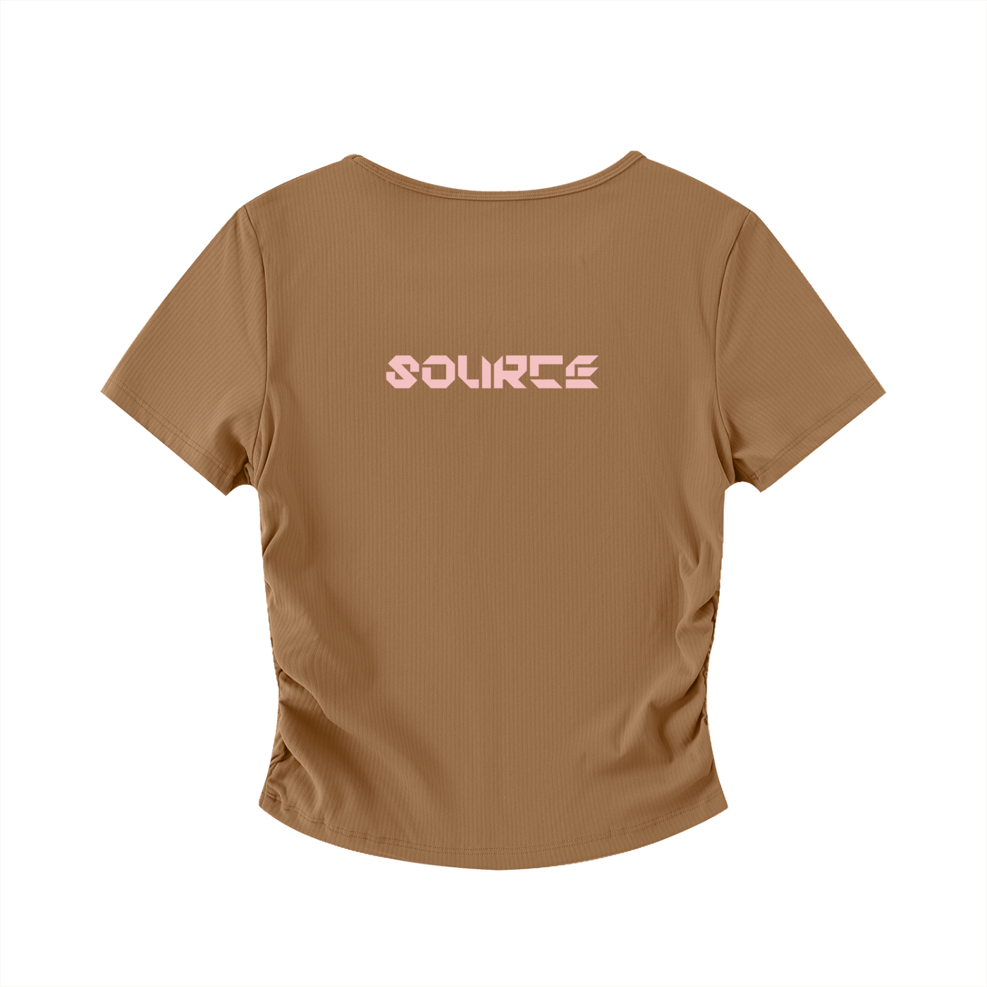 Brown t-shirt with 'SOURCE' logo on the back against a white background
