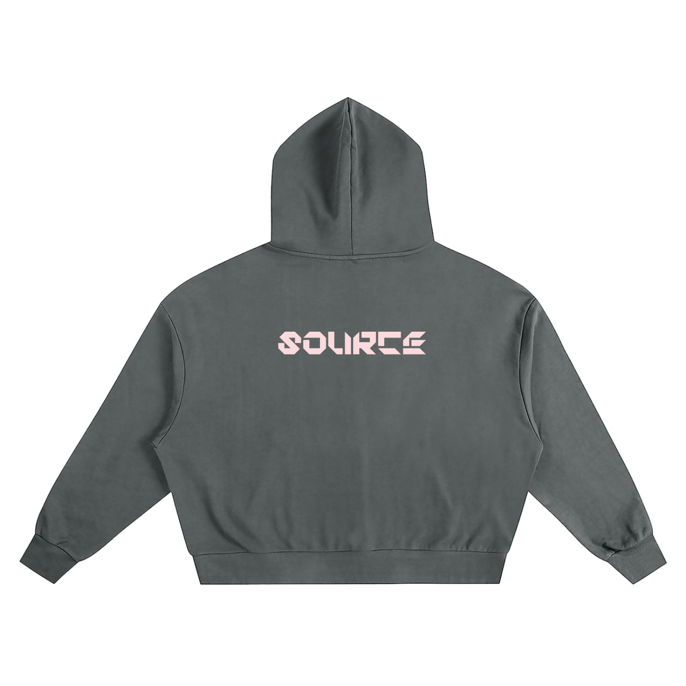 Gray hoodie with 'SOURCE' logo on the back against a white background