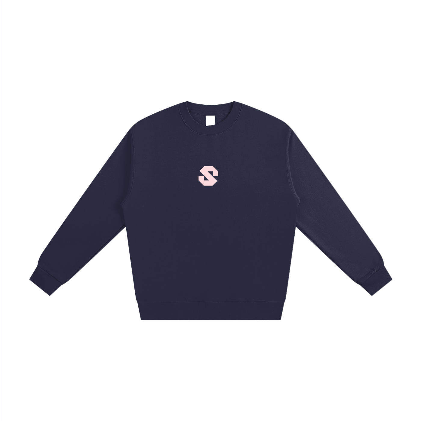 Navy blue sweatshirt with a small logo on a white background