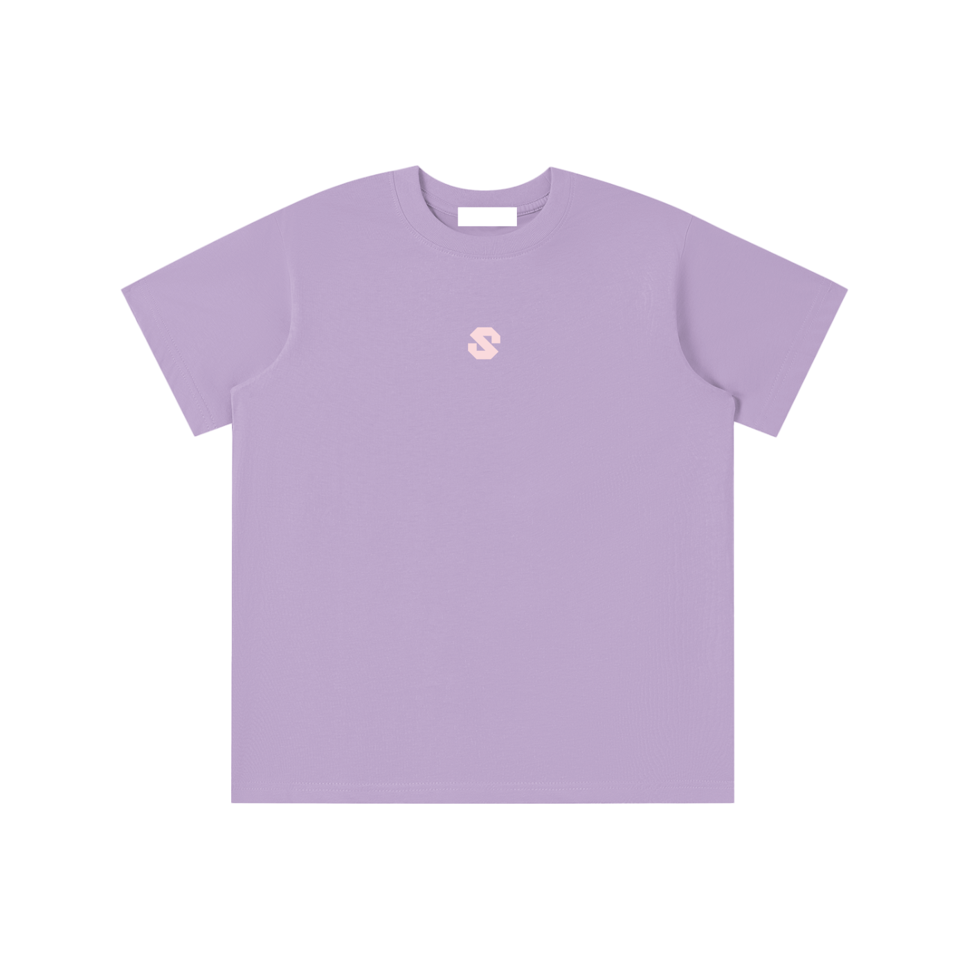Purple t-shirt with a small pink logo on a white background
