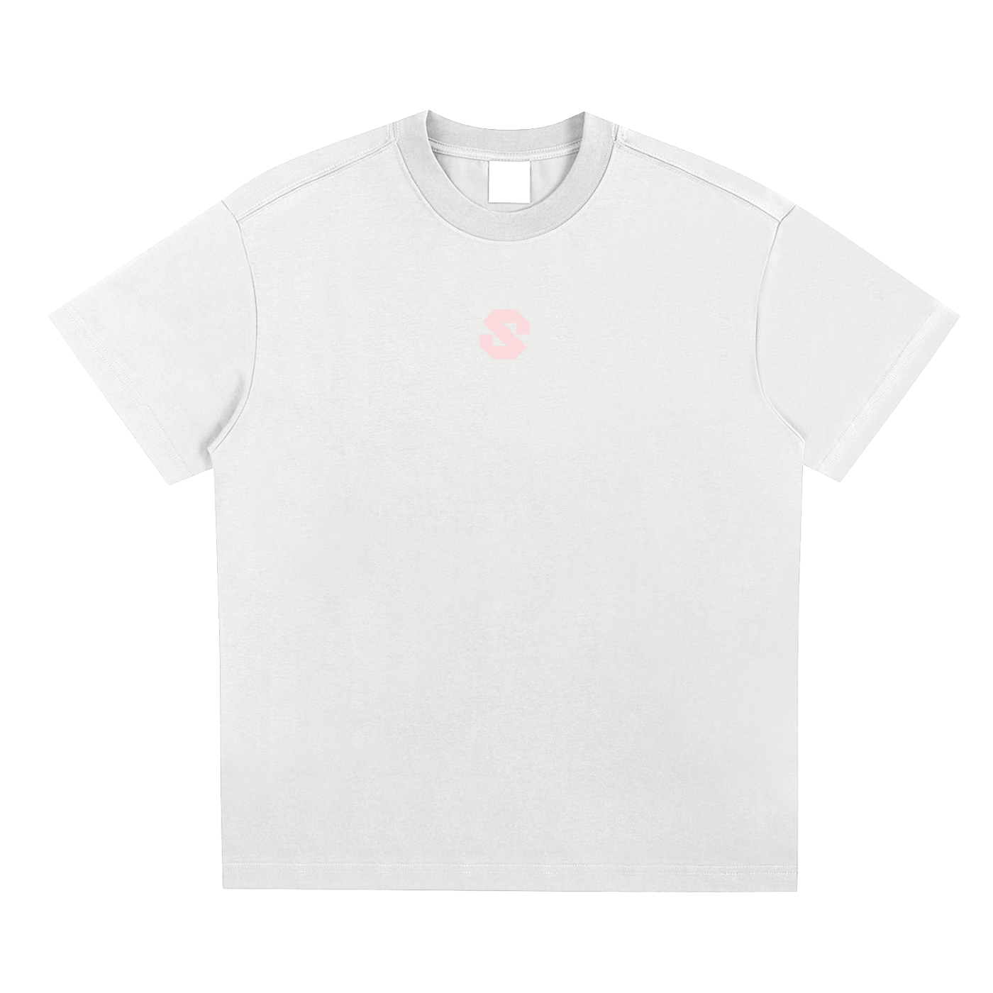White t-shirt with a small pink logo on a white background