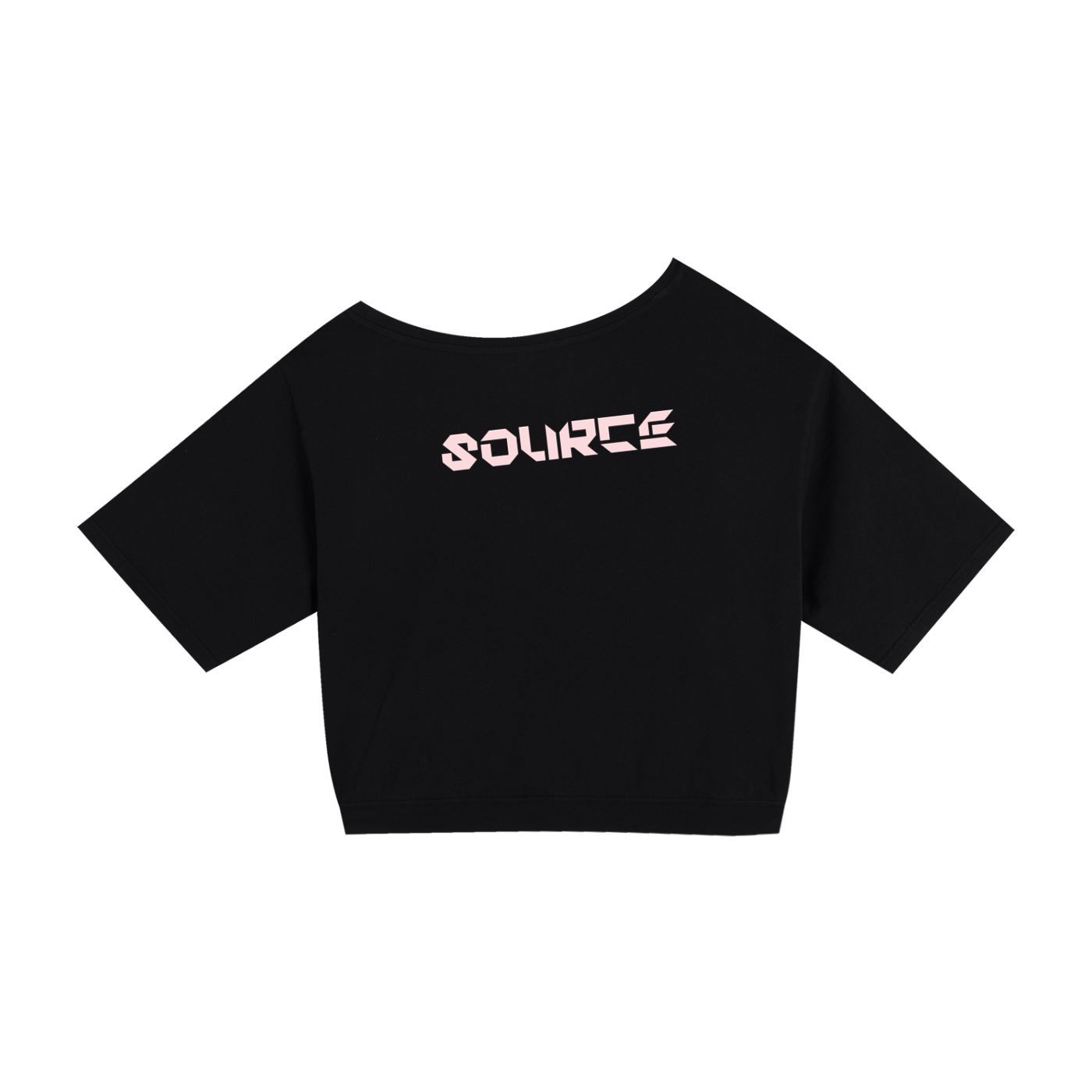 Black crop top with 'SOURCE' logo on the back against a white background