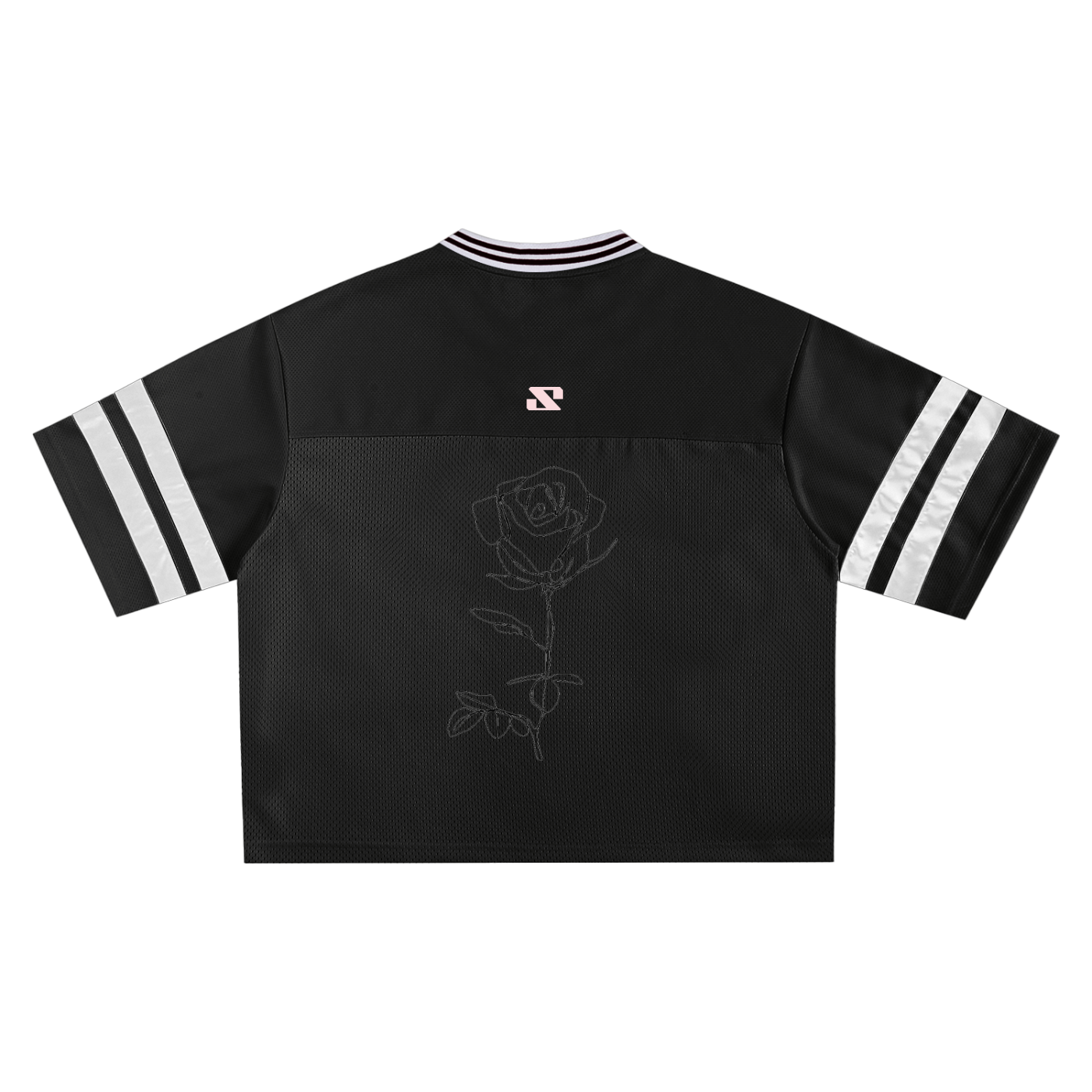 Black sports jersey with a rose design on the back, white stripes on sleeves, and a logo on the chest.